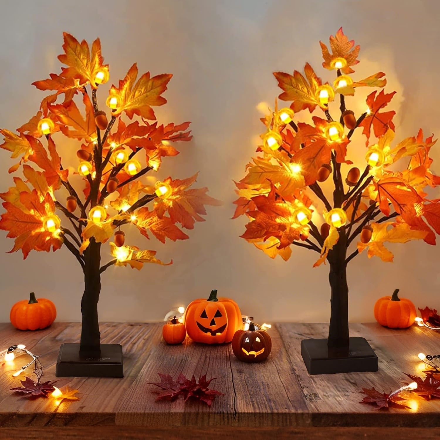 Fall Decorations Artificial Fall Lighted Maple Tree,Total 48 LED Battery/USB Operated Pumpkins Maple Acorn Tree for Table Fireplace Harvest Home Indoor Thanksgiving Decor (2)