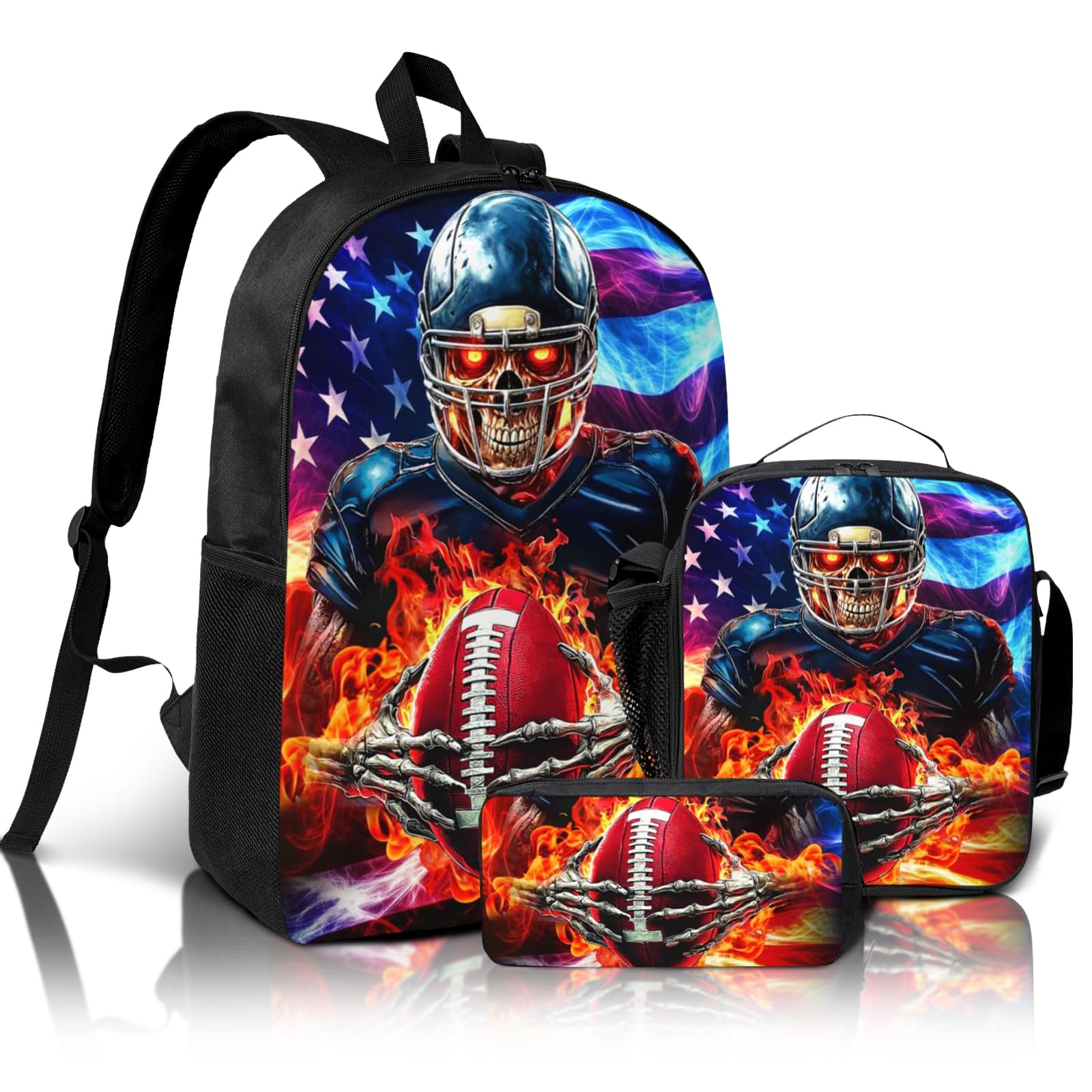 Nebrpio American Football School Backpack for Boys, 3pcs Boys Backpack with Lunch Box and Pencil Case for Kids Children Teens Elementary Middle School
