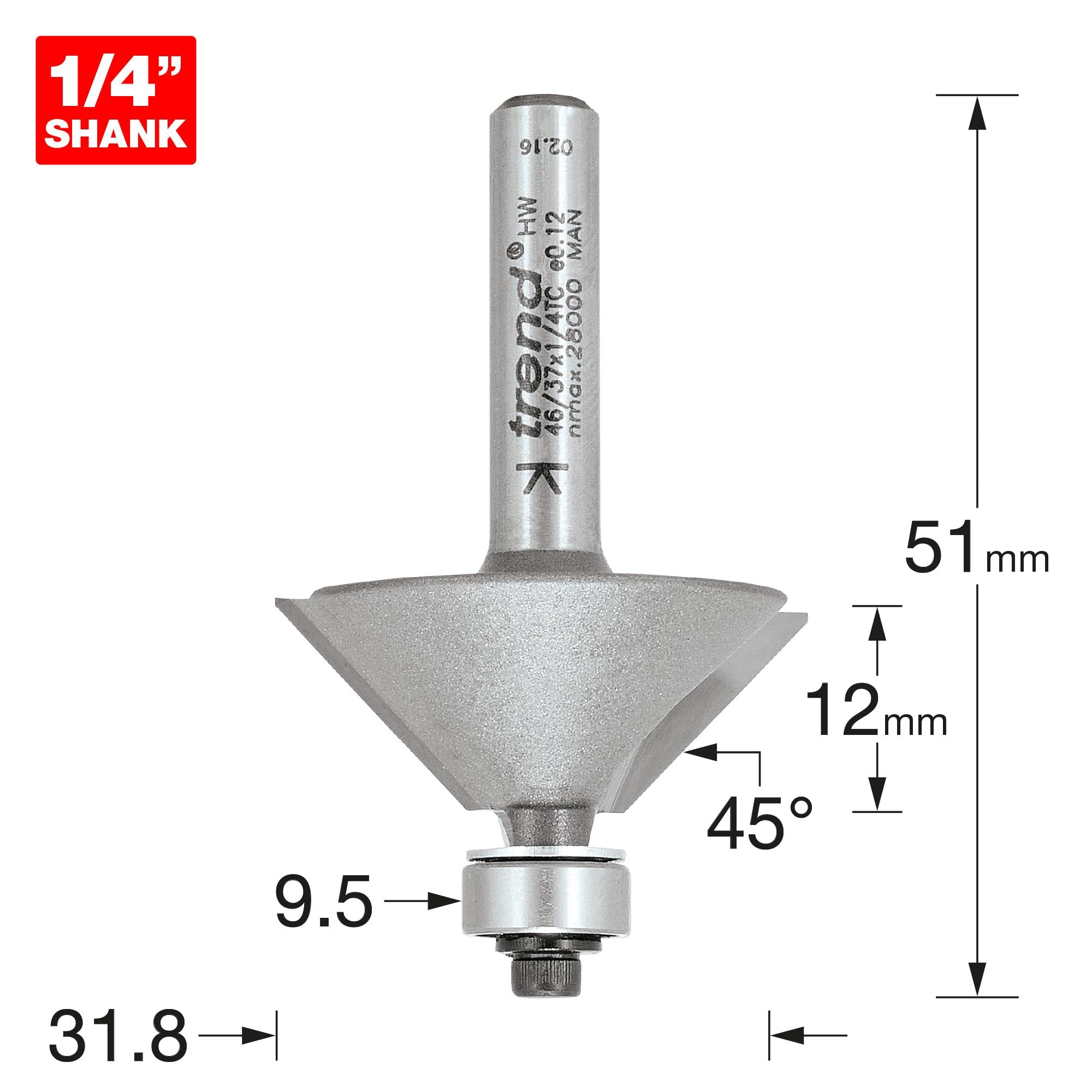 Trend Frez do faz 45° z łożyskiem, trzon 1/4 cala, 31,8 mm