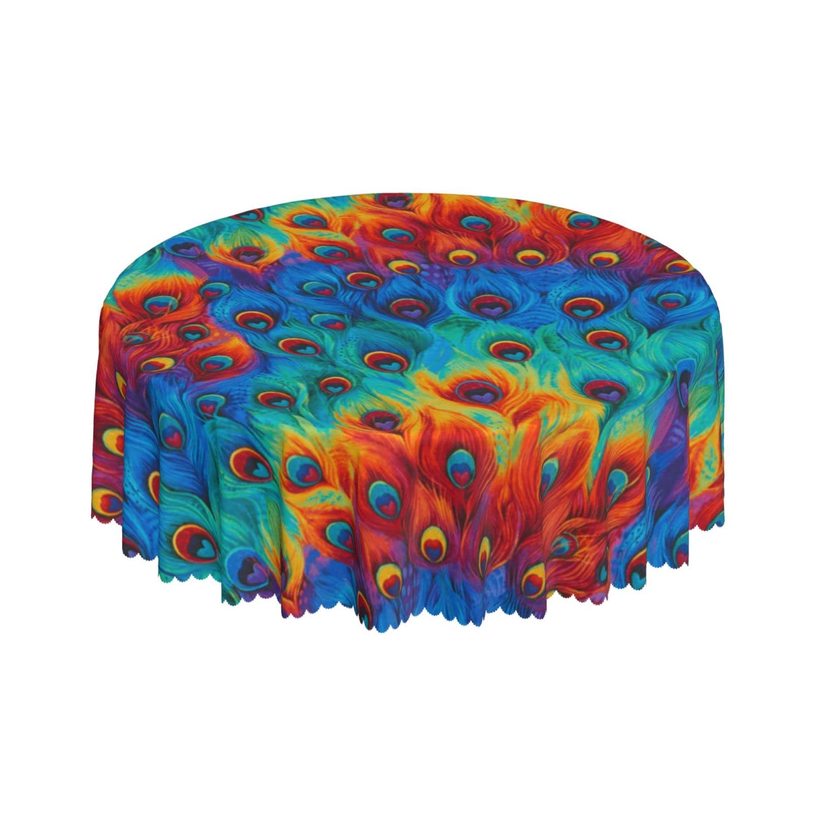 Lsjuee Rainbow Peacock Feathers Round Tablecloth 60 Inch Printed Washable Tablecloth for Dining Party Holiday Fall Home Decorative