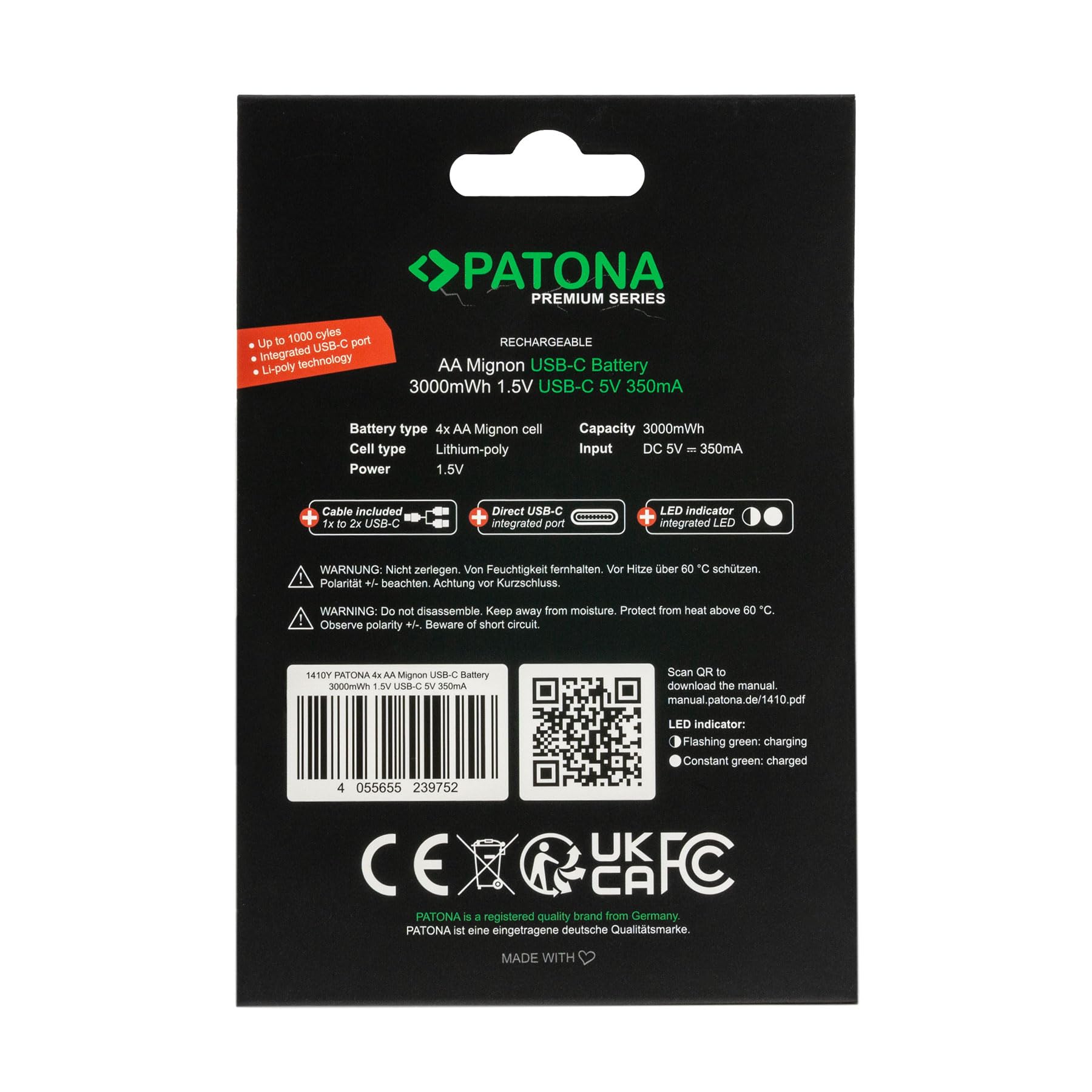 PATONA 4x AA Mignon batterie ricaricabili USB-C, 1,5V / 3000 mWh (2000 mAh) – per controller, giocattoli, telecomandi, flash e mouse – cavo USB-C 1-a-2 incluso, niente caricatore esterno