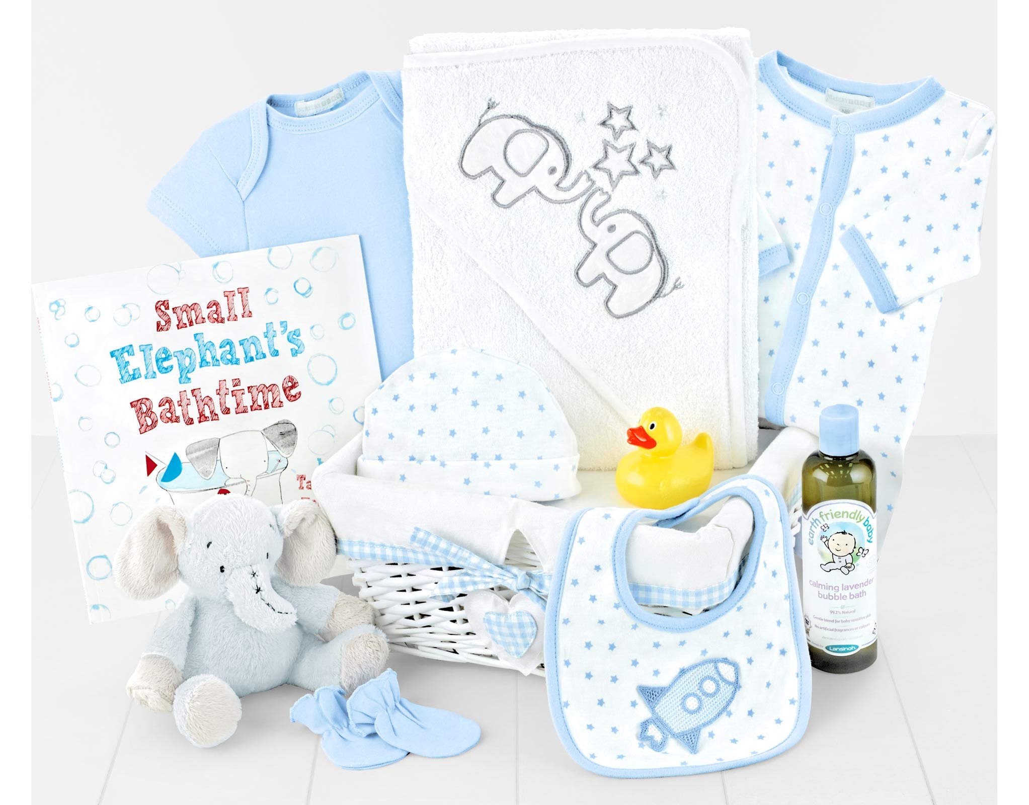 Premium Baby Bath Time Gift Set - Splish Splash Hamper in Blue with Rubber Duck, Bubble Bath, Elephant Soft Toy, Hooded Towel, Book - Gift Basket for Parent and Newborn, from Regency Hampers