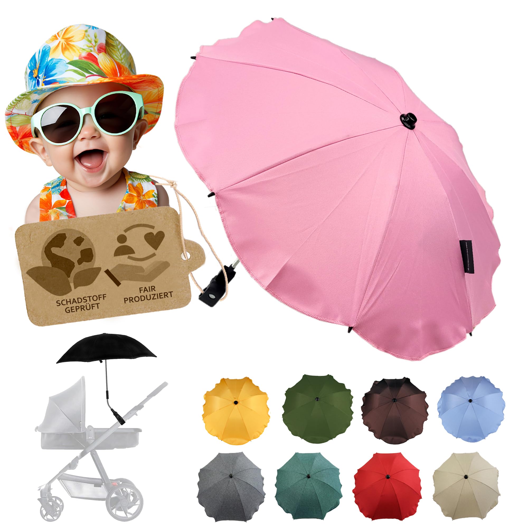 BambiniWelt by Rafael K. Sonnenschutz universal [Sonnenschirm für Kinderwagen] Buggy UV Schutz 50+ mit Universalhalterung biegsamer Schirm für Rund- und Ovalrohre verstellbar (rosa)