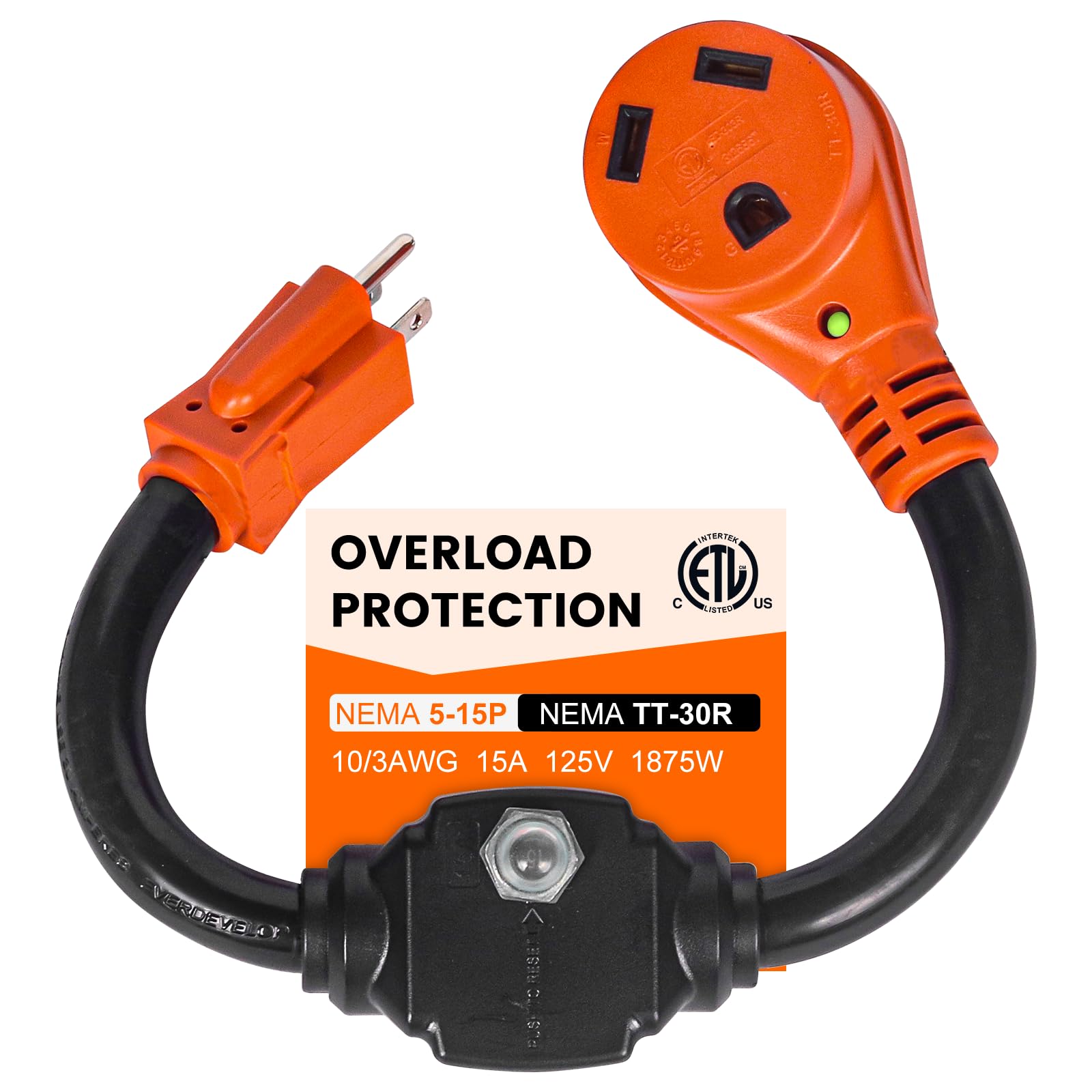30 A auf 110 Volt RV Überspannungsschutzadapter mit Schutzschalter, 30 A auf 15 Ampere/20 A Heimadapter, NEMA 5-15P auf NEMA TT-30R mit Indikator