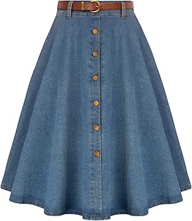 Faldas de mezclilla para mujer, estilo vintage, por debajo de la rodilla, cintura alta, acampanadas, con bolsillos