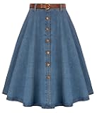 Women's Denim Skirts Vintage Below Knee Length High Waist A-Line Jean Skirts with Pockets