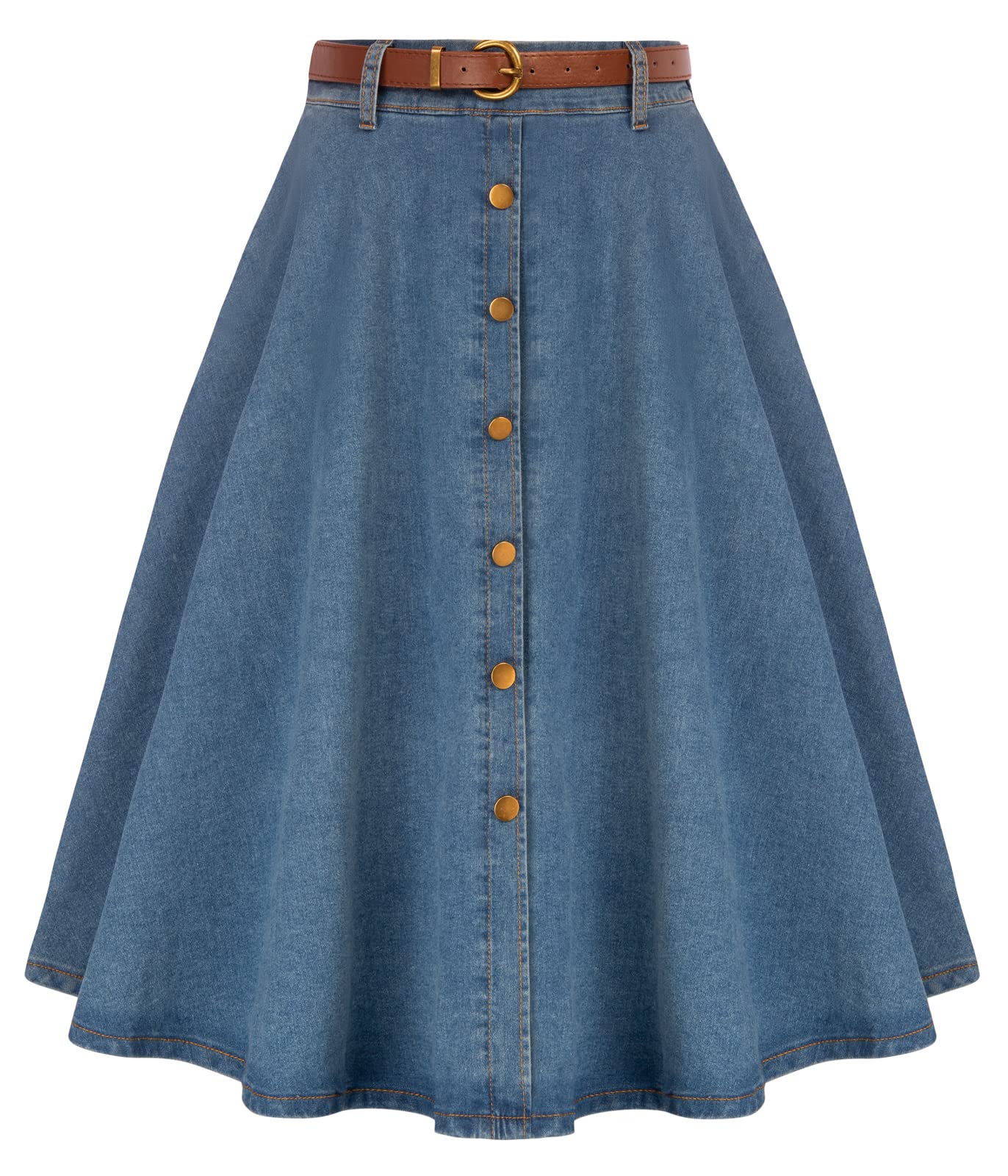 Belle Poque Women's Denim Skirts Vintage Below Knee Length High Waist A-Line Jean Skirts with Pockets