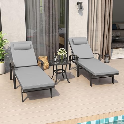 Miniatura 8 de ALAULM Juego de 3 sillas de descanso de piscina, sillas de descanso ajustables para exteriores con cojín de esponja, sillas plegables y portátiles y