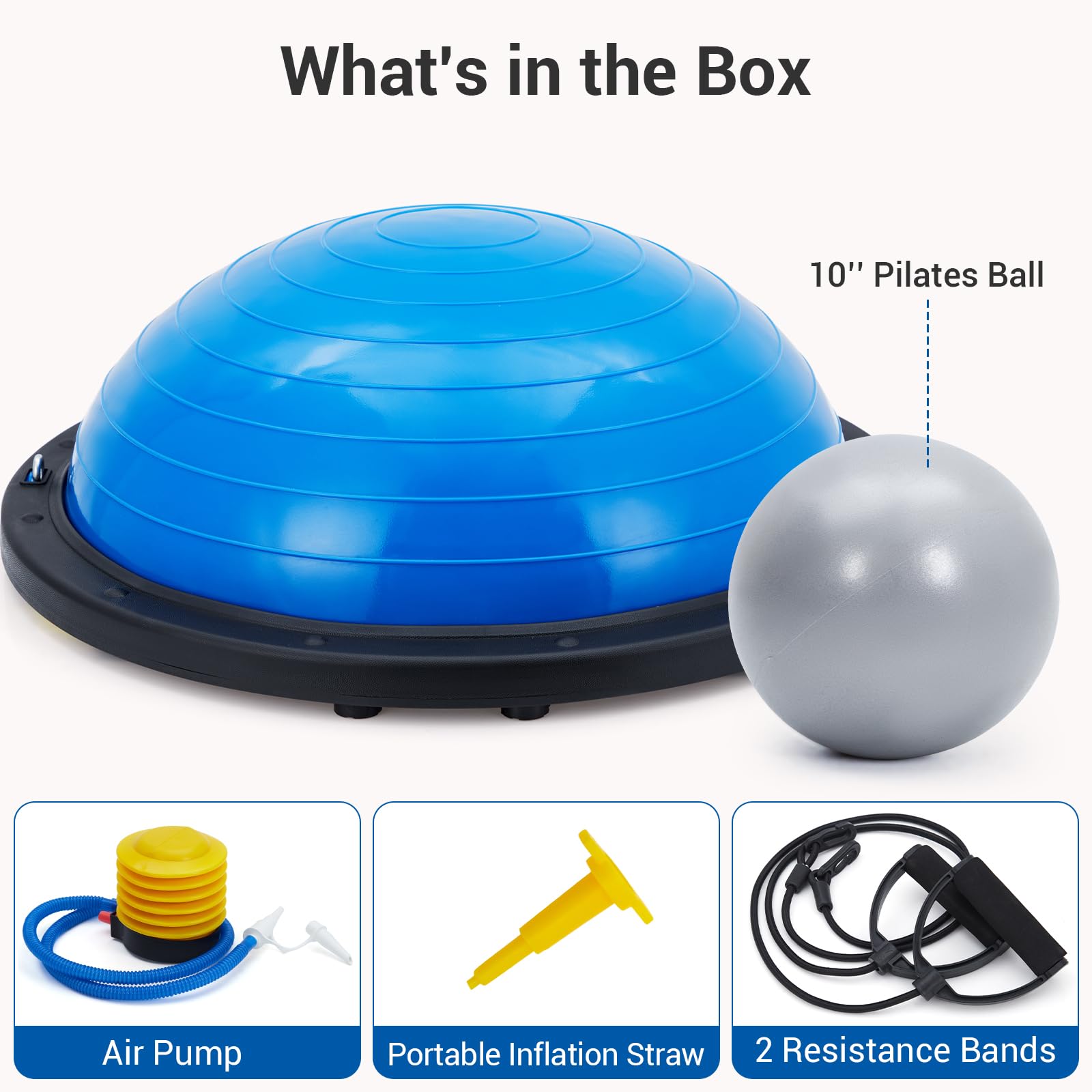 23/25in Balance Ball, 1600 lbs Half Exercise Ball with Nonslip Base, Inflatable Half Ball Balance Trainer, Stability Half Yoga Ball Strength Training Equipment with 2 Bands, Pump, Extra Ball Included