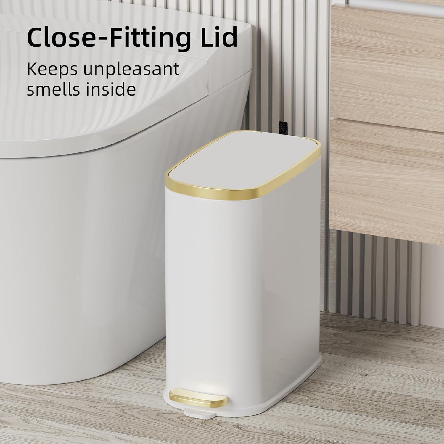 KUK Small Bathroom Trash Can with Lid Soft Close, Step Pedal, 2.6 Gal Stainless Steel Garbage Can with Removable Inner Bucket, Anti-Fingerprint Wastebasket for Office, Bedroom, Toilet (White) Matt White-J-P