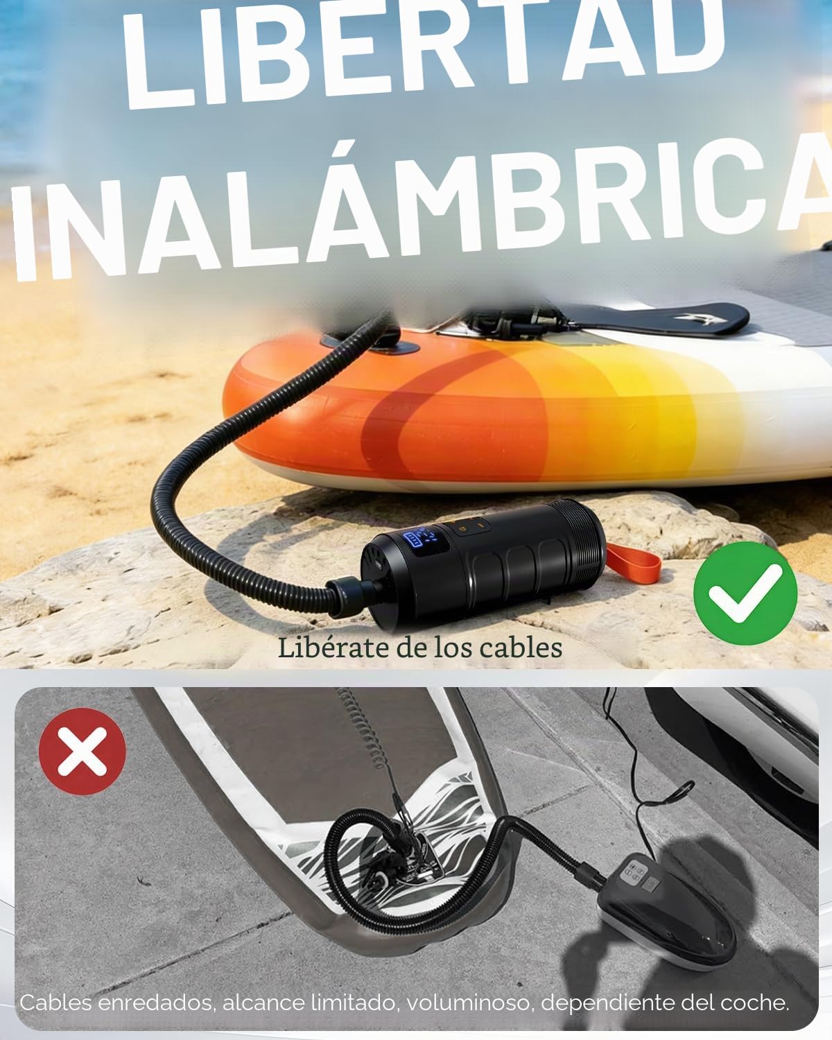 Mojimdo Bomba de Paddle Surf Eléctrica Inalámbrica hasta 12 PSI con Parada Automática, Pantalla Digital y 7 Adaptadores, Bomba Portátil para Tabla Sup, Kayak, Inflables y Tienda