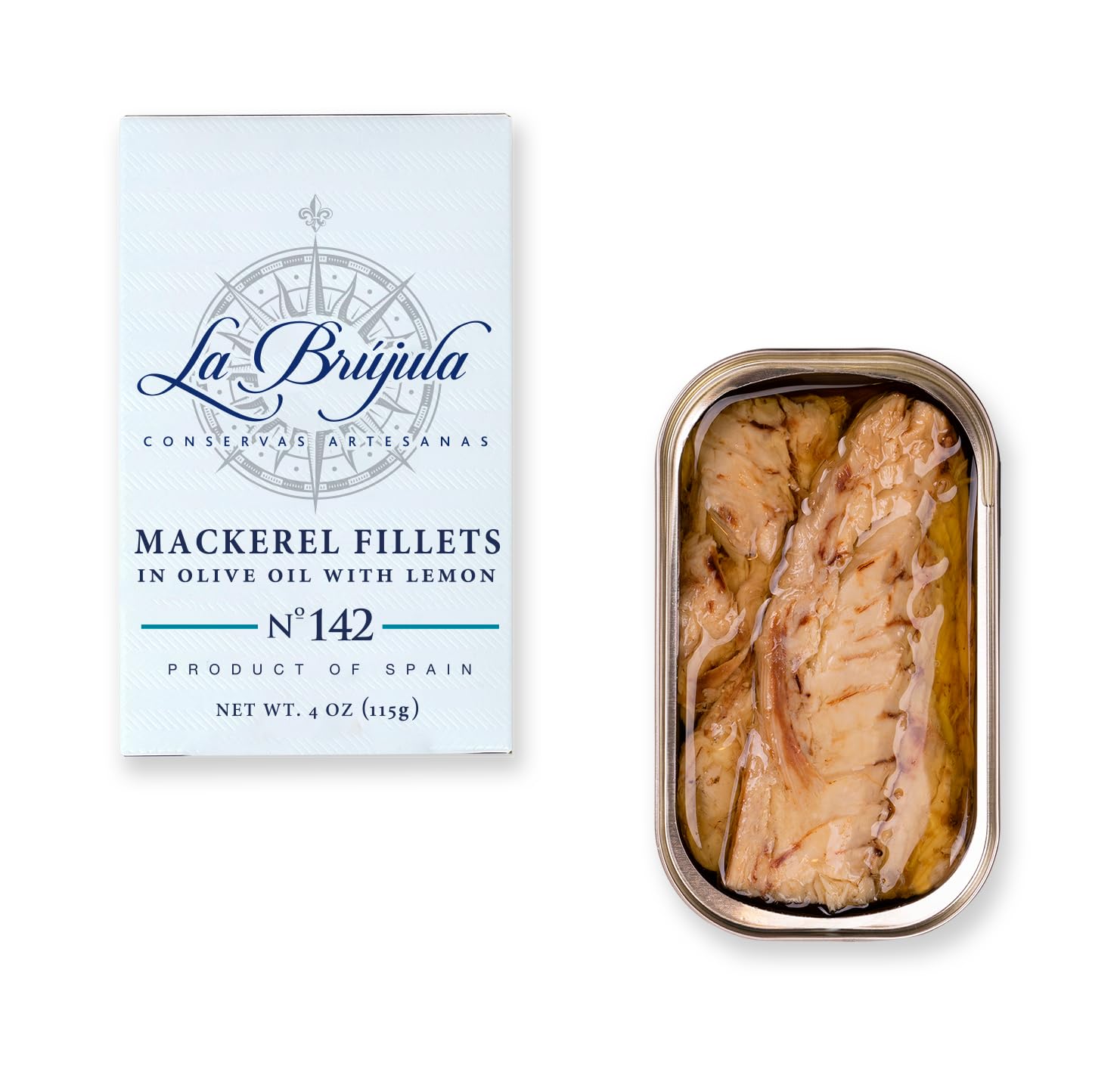 La Brújula No.142 Mackerel Fillets with Lemon in Olive Oil | 4 oz - 1 Pack | Hand-Packed Spanish Gourmet Canned Fish | Artisan Preserves | Caballa al Limón | Wild-Caught from Cantabrian Sea |