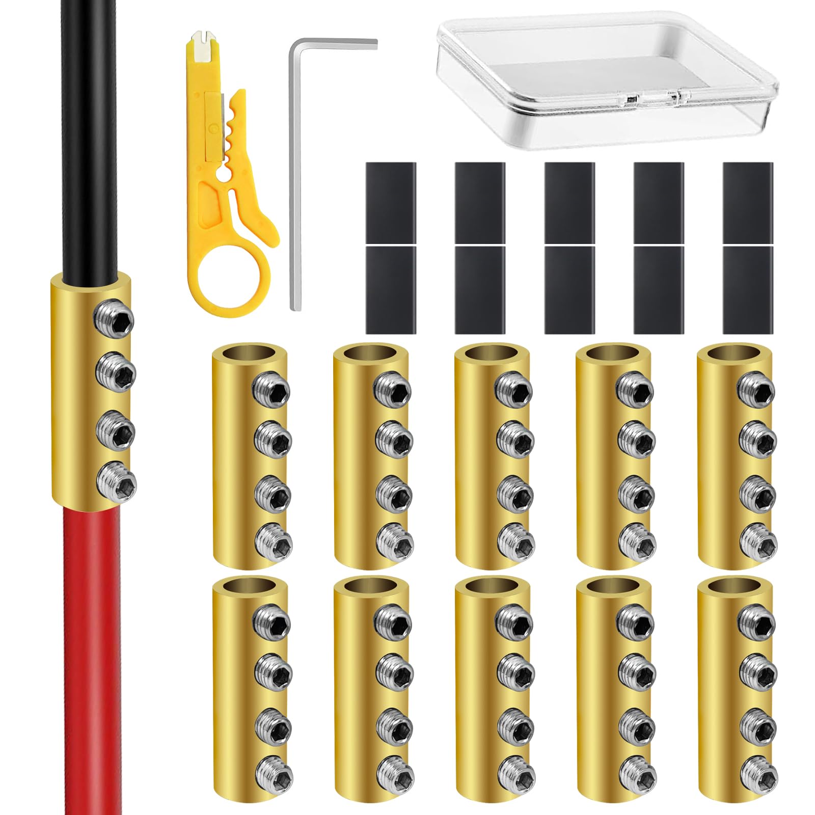 10Pcs 6 Gauge Wire Connectors, 80A Wire Splice Connectors 6AWG Quick Connect Wire Nuts Connectors with 10Pcs Heat Shrink Tubes, Mini Wire Stripper, Screws, Wrench Battery Cable Terminal Connectors