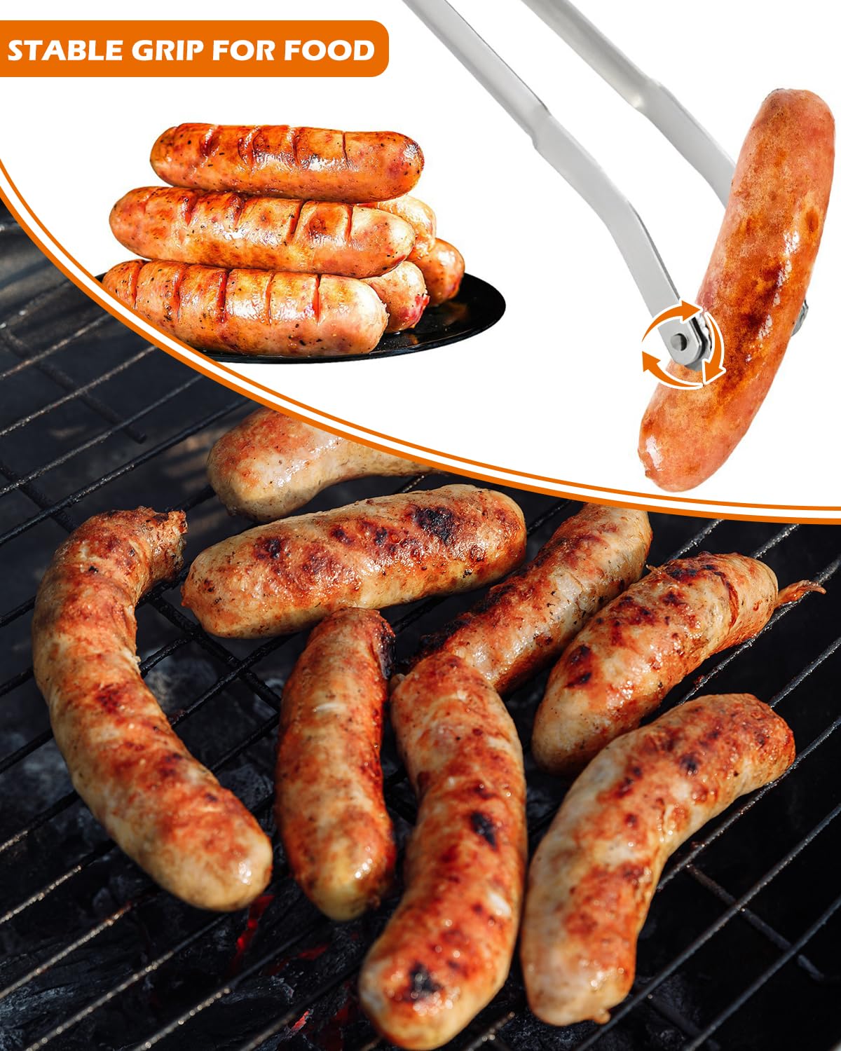2 pinzas giratorias para salchichas de barbacoa, de acero inoxidable, mango largo, pinzas de cocina para cocinar, pinzas para girar pan, carne, tocino, carne, verduras