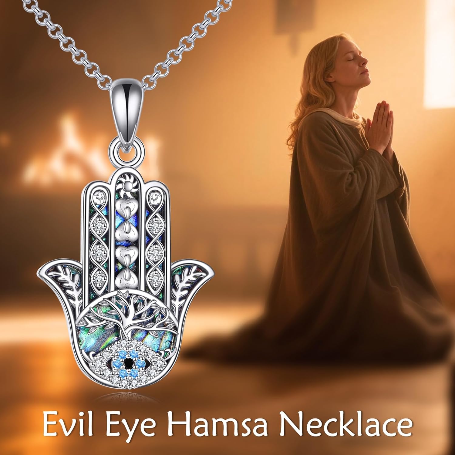 Hamsa Hand Evil Eye Necklace 925 Sterling Silver Hand of Fatima and Tree of Life Abalone Shell Pendant Necklaces Jewelry Gifts for Women Men, 18"+2" - Image 3