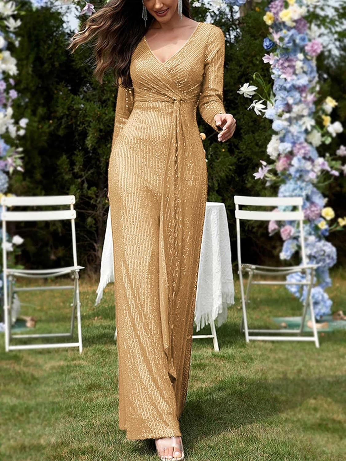 meilun Long Sleeve Sequin Dress for Women Formal Gowns Sparkly V Neck Maxi Dress - Image 3