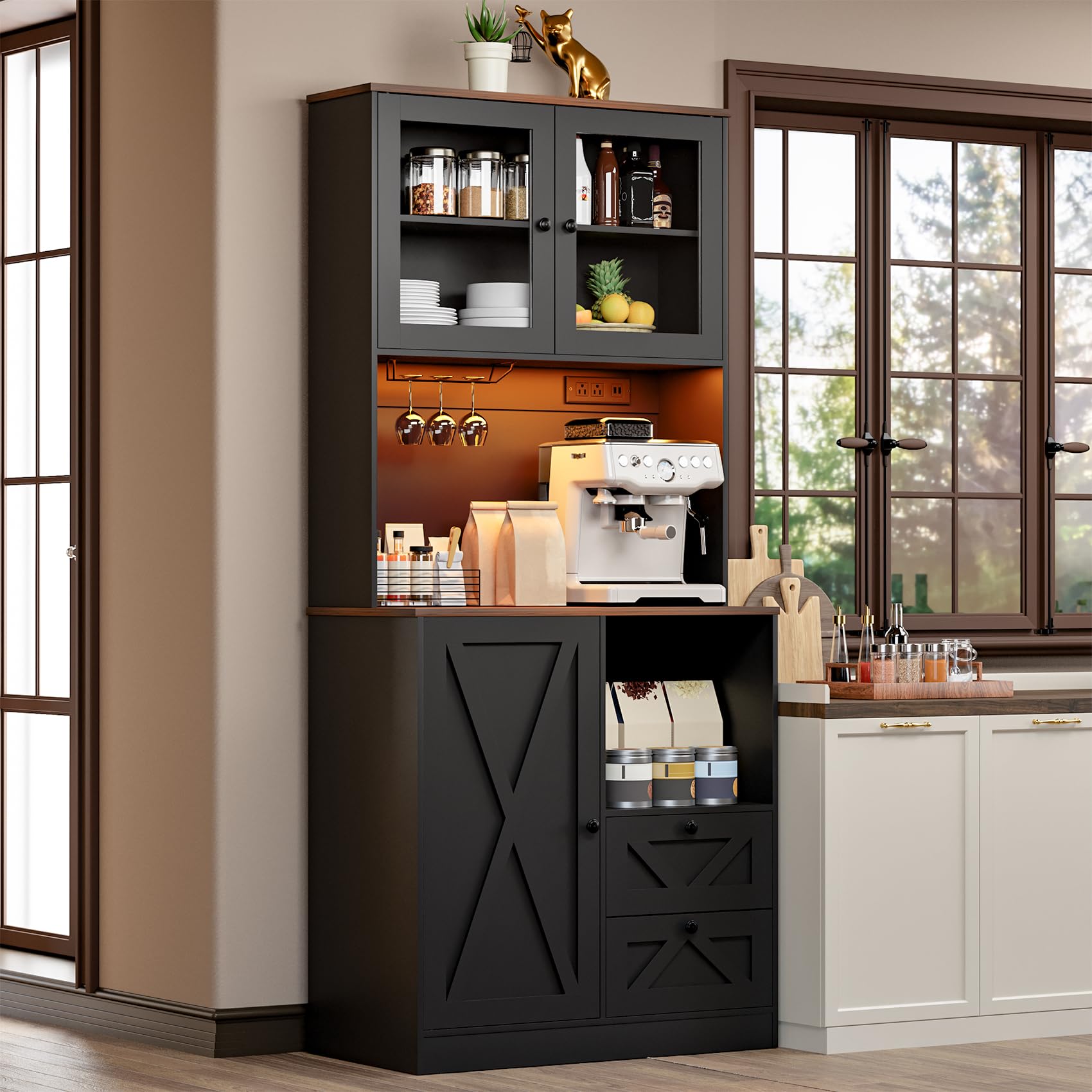 Frmobepts 71‘’Kitchen Pantry Storage Cabinet with LED Lights and Power Outlet, Tall Farmhouse Kitchen Hutch with Microwave Stand,Globet Hooks and