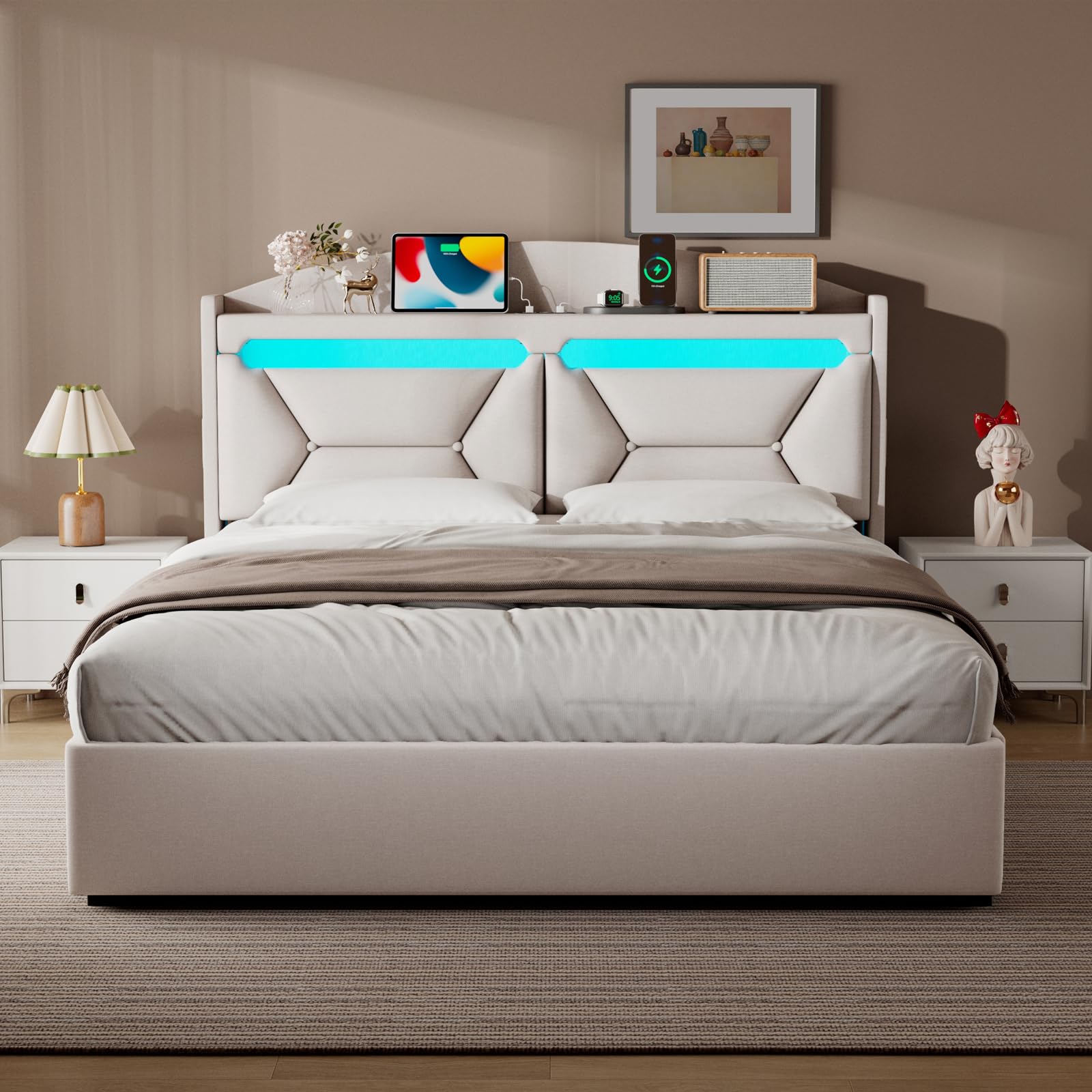 Letto Matrimoniale con Contenitore 140x200 cm, Letti Matrimoniali con LED, USB e Type-C, Letto Contenitore Idraulico, Letti Matrimoniali con Doghe, Beige Lino, Senza Materasso
