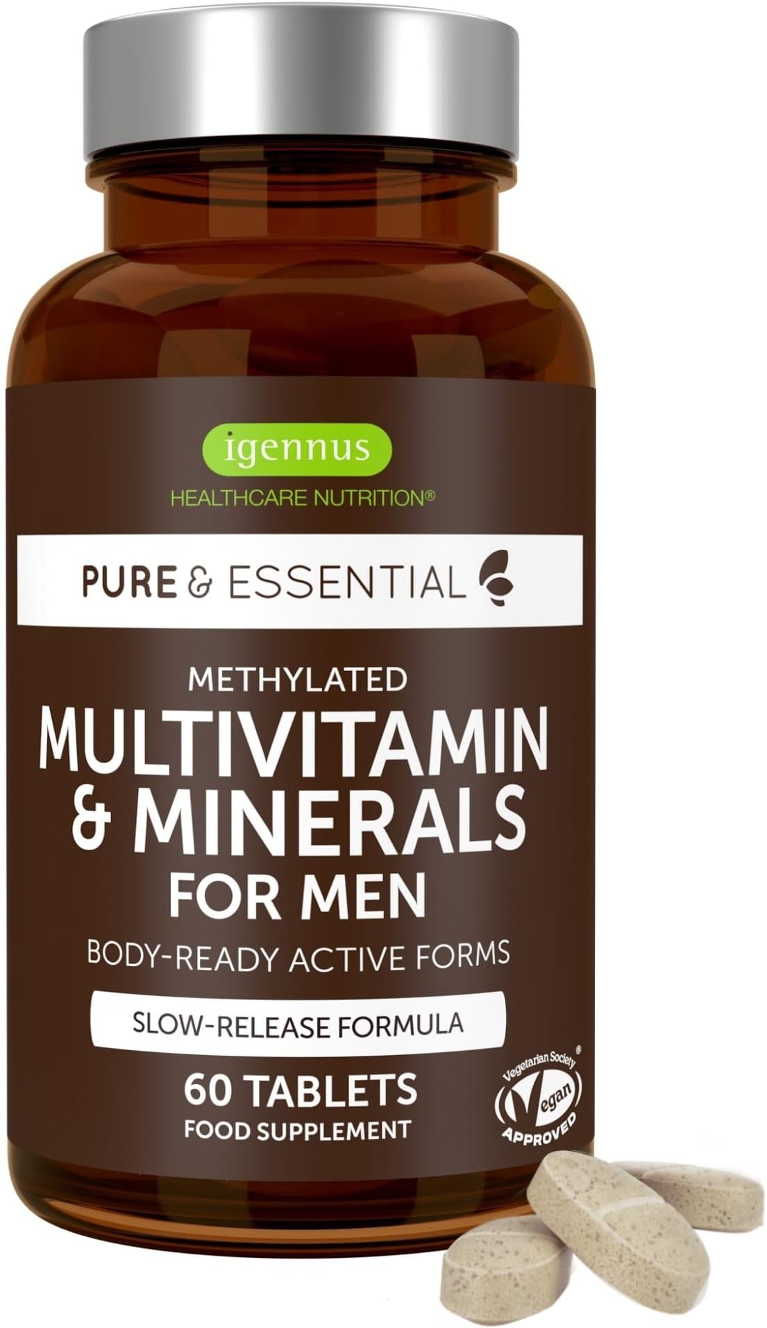 – Igennus Methylated Men's Multivitamin, 21 Actives, Clean Label, All Day Nutrient Delivery, Expertly Formulated For Male Wellness, Energy & Heart Health, 60 Easy-to-Swallow Vegan Tablets, Non-GMO,Halal