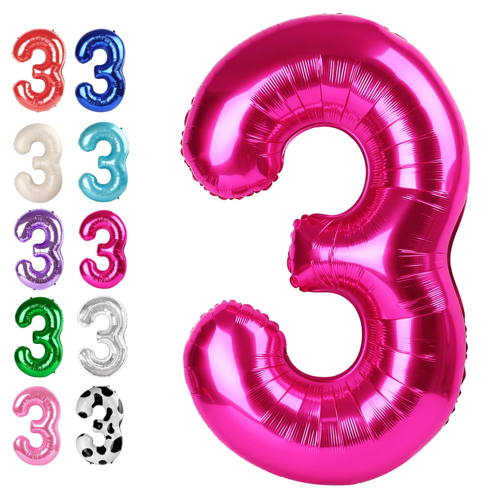 40 Inch Hot Pink 3 Large Number Balloon, 3 13 23 30 33 36 38 Hot Pink Birthday Party Decorations, Number Three Foil Balloons for Anniversary Party