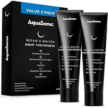 AquaSonic 2-Pack of Repair & Whiten Night Toothpaste | Strengthen & Harden Tooth Enamel | Activated Charcoal Detoxifies Mouth & Freshens Breath | Fluoride-Free, Peroxide-Free, Whitening Formula