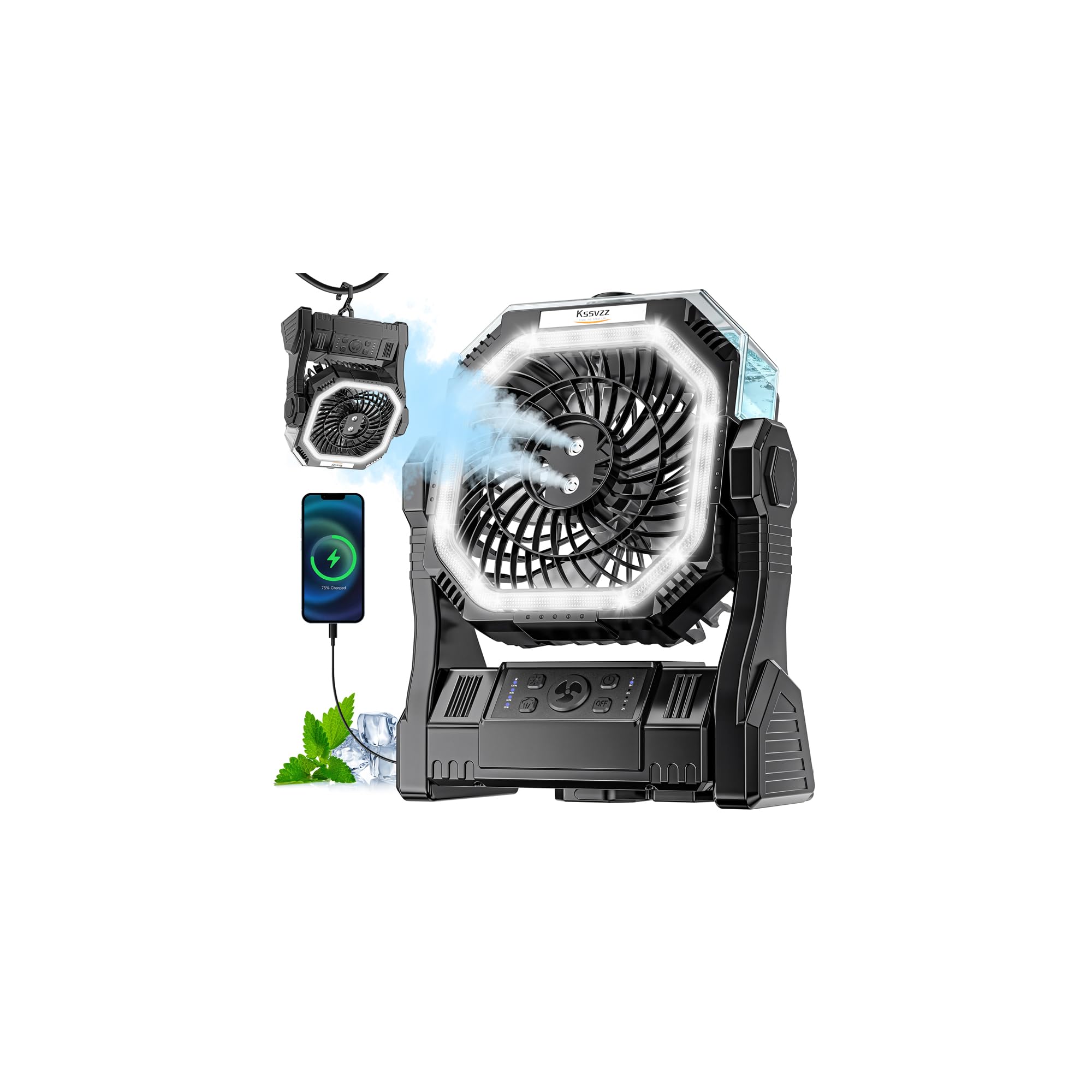 Kssvzz 20000mAh Misting Fan for Camping – Rechargeable Portable Fan with 350ml Water Tank, 4 Speeds, Timer, LED Light – Battery Operated Tent Fan for Outdoor, Picnic, Beach, Office, Home
