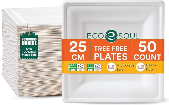 ECO SOUL Square Paper Plates 25Cm 10" [50-Pack] Heavy Duty Compostable Sugarcane Bagasse Dinner Plates | Eco Friendly Biodegradable Disposable Plate for Dinner, Parties & Events