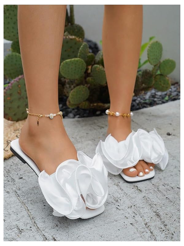 GORGLITTER Women's Beach Square Toe Flat Sandals Summer Vacation Dressy Slip on Slide Wedding Sandals Bridal Shoes 2026 White 8 by GORGLITTER - Image 4
