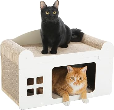 PAWZ Road Cat Scratching Board Cat Scratcher House 2 in 1 All Sided Use Scratching Pad, Corrugated Cardboard Lounge Bed for Indoor Cats 55x27.5x35cm, White