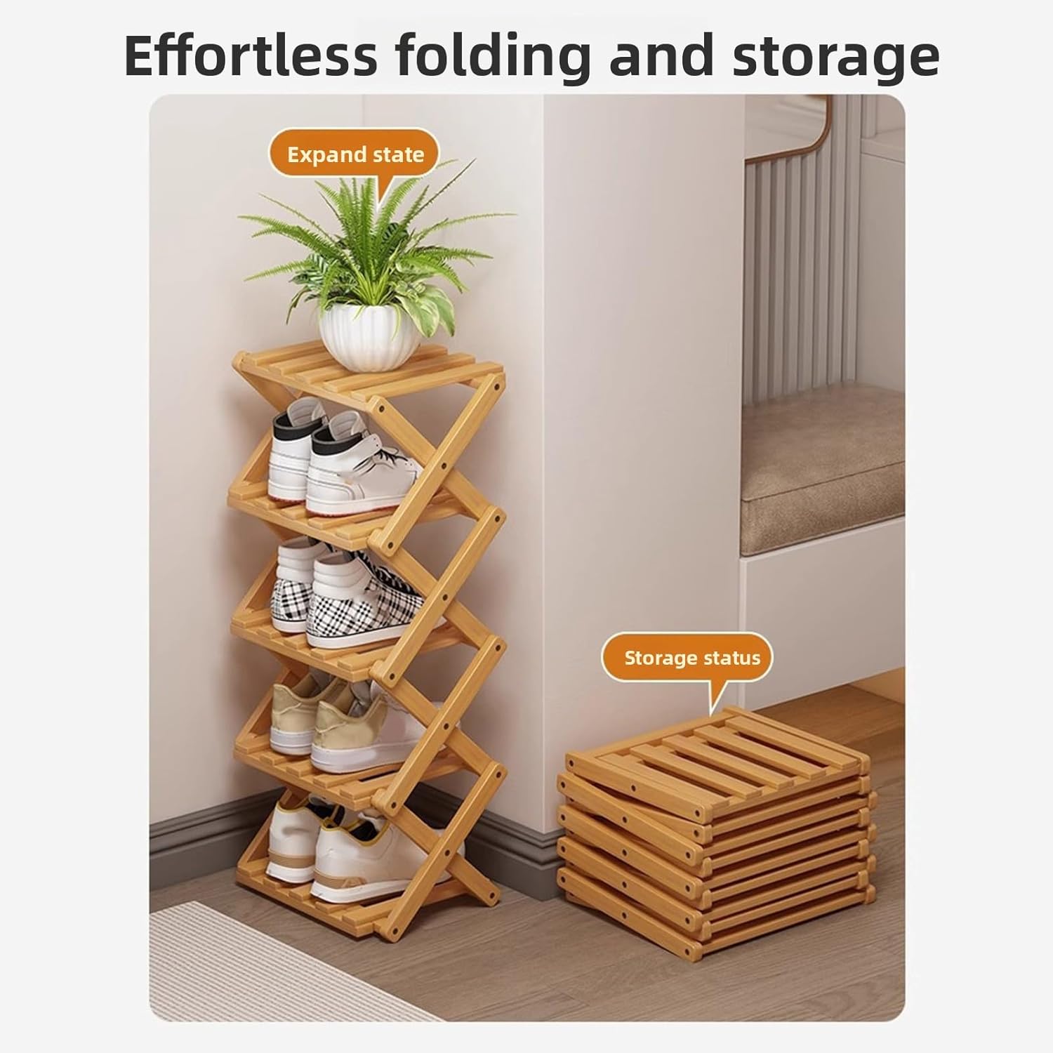 Foldable Shoe Rack, Wooden 3 Tier Shoe Organizer with Interlocking System for Easy Assembly, Entryway Storage for Dorms Apartments Entryway