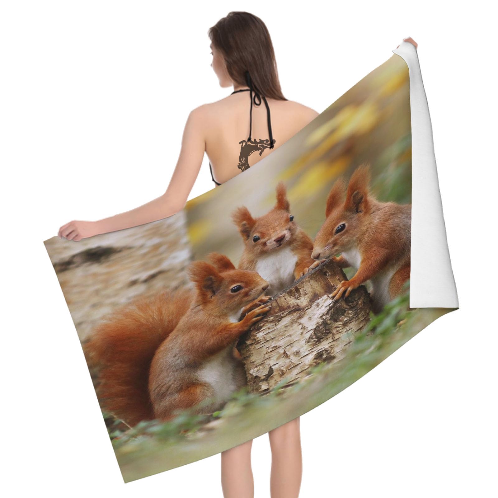 Leichong 3D Squirrel Beach Towel Microfiber Soft Quick Dry for Adults, Natural Theme Bath Towel Lightweight Soft Absorbent for Travel Swimming Pool Sports, 75 x 150 cm