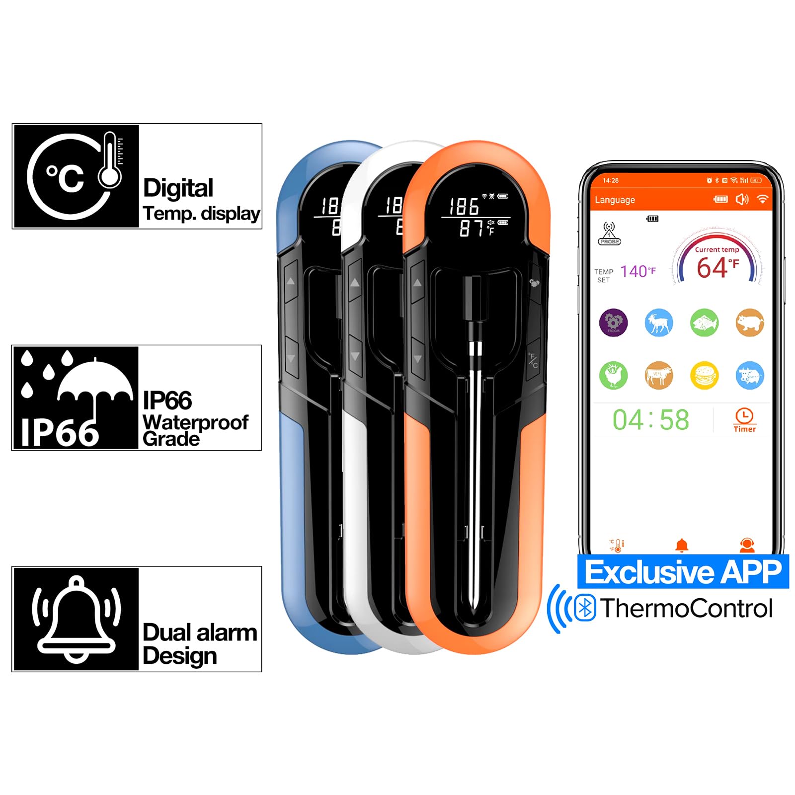 Thermomètre à viande sans fil, thermomètre à viande sans fil Bluetooth intelligent avec commandes APP et étanche IP66, thermomètre de cuisson numérique de portée 500 pieds, thermomètre alimentaire