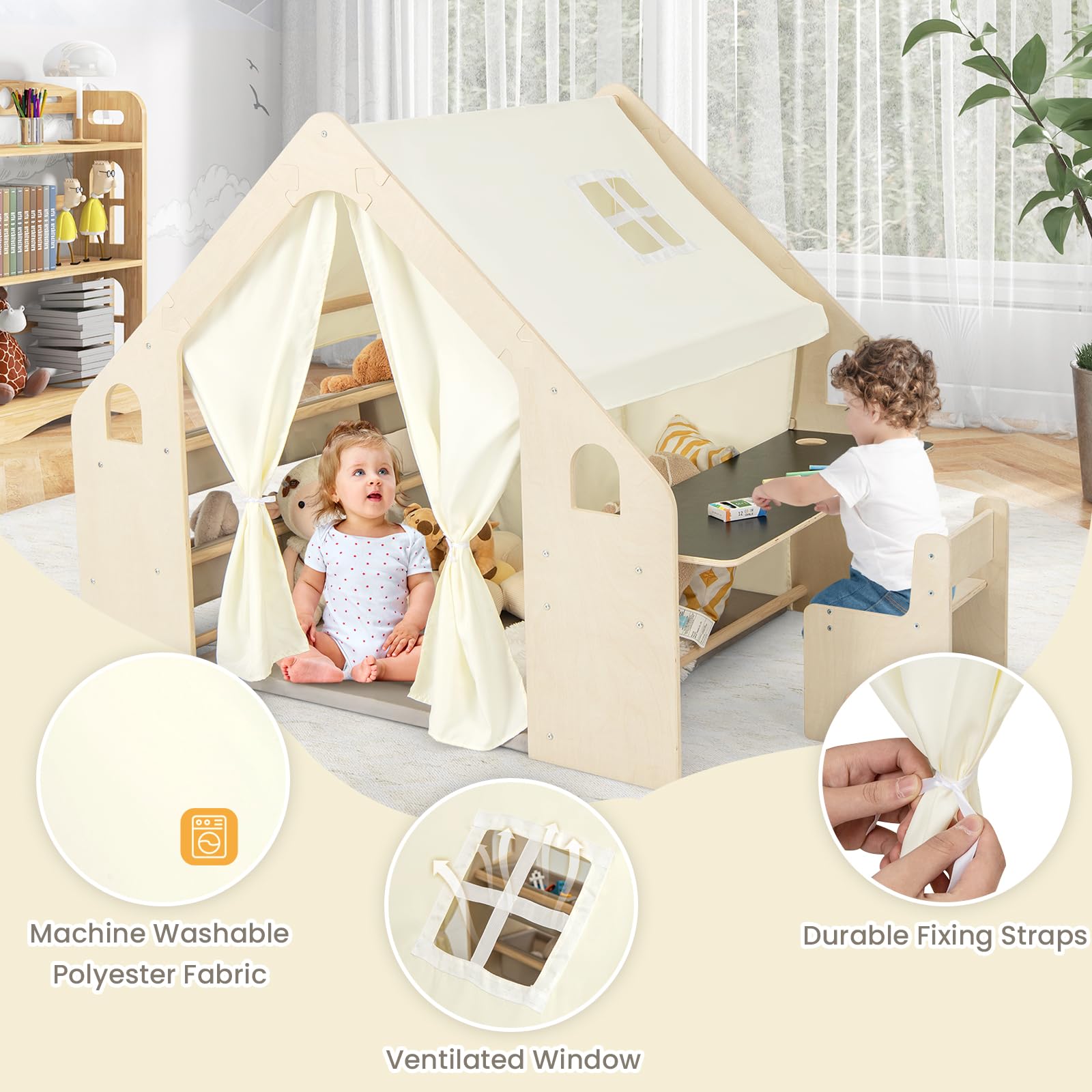 HOMASIS 5 en 1 Tienda de Campaña Infantil con Mesa y Silla, Tipi Infantil con Alfombrilla y Pizarra y Caja de Almacenamiento y Caja de tizas, para Niños de 2-6 Años (con 6 Caja)