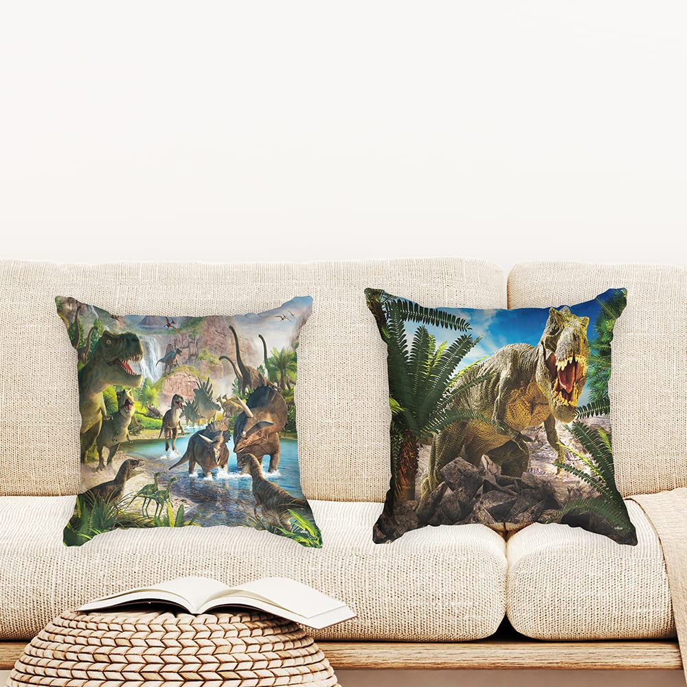 Ulticool, Cushion Cover, Dinosaur Group T-Rex, Set of 2 Designs, 45 cm x 45 cm, Decorative Cushion Without Filling