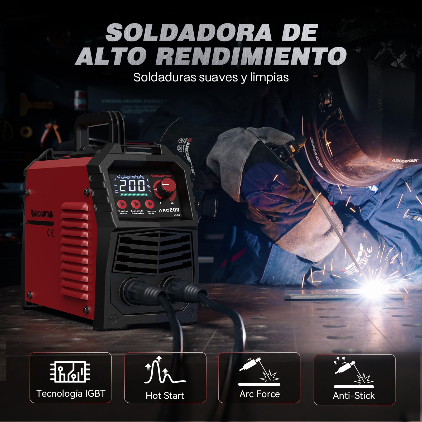 ARCCAPTAIN Soldador Inverter de 200 A con Pantalla LED Grande, Maquina de Soldar TIG ARC/Lift con Control sinérgico, Inversor IGBT, 230V Grupo de Soldar MMA con Hot Start, Arc Force