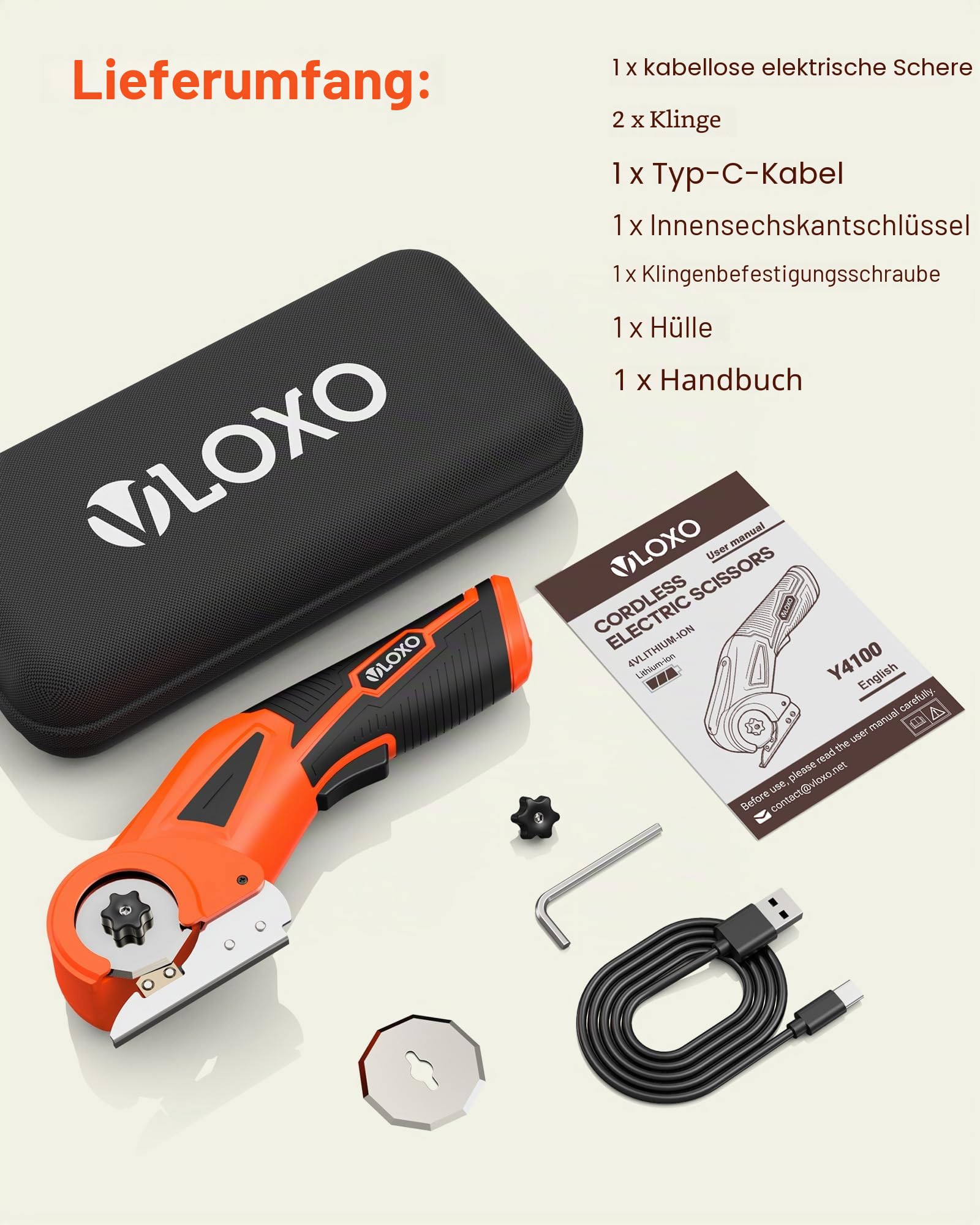 VLOXO Kartonschneider 4V Elektrische Schere Akku Universalschneider mit Leuchtung und 2 Edelstahlklingen Wiederaufladbarer Rotationsschneider Set mit Koffer für Pappe Teppich Leder Kunststoff