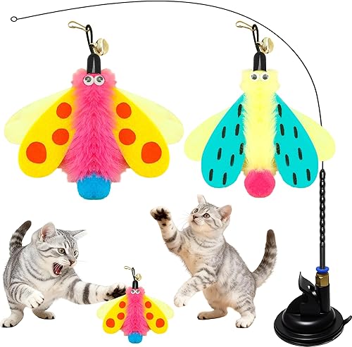 Walfront Juguetes para gatos, juguetes interactivos para gatos, 4 juguetes realistas de insectos voladores + 2 juguetes para gatos, la base puede