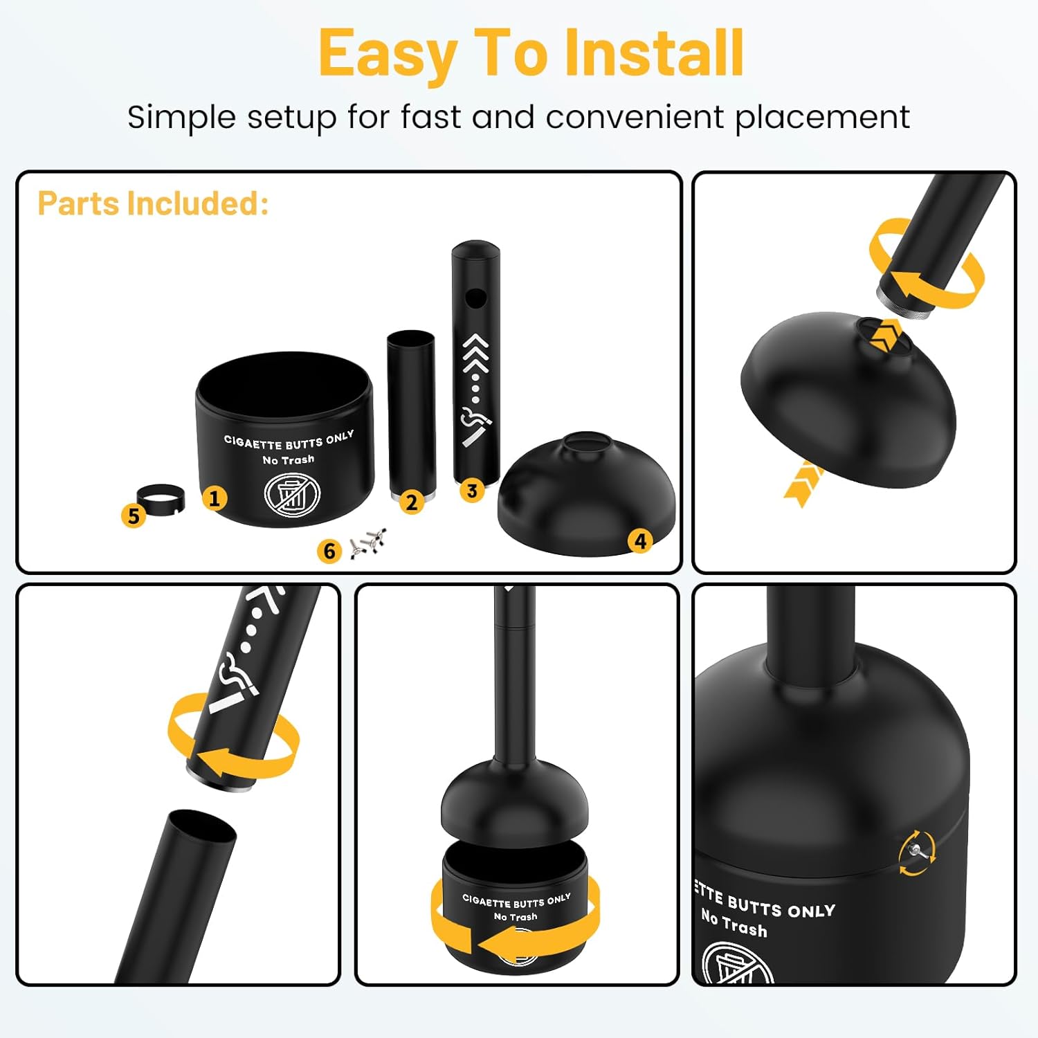 Cigarette Butt Disposal Outdoor & Cigarette Trash Can, 6 Gallon Commercial Smoking Receptacle, Heavy Duty Steel Stand Up Smokers Pole, Tall Cigar Ashtrays for Outdoors and Patio, Black, 40"