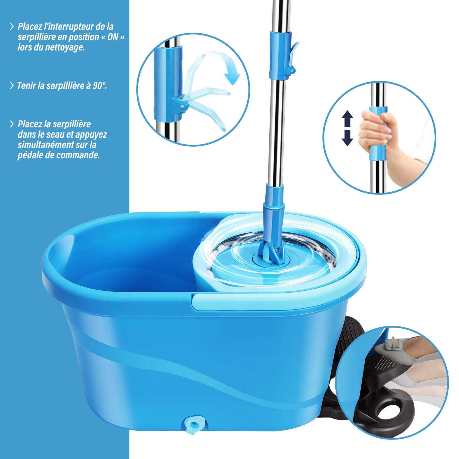 HEVOL Set de Serpillière avec Seau pour Le Nettoyage Sol, Seau Essoreur à Pédale et Balai à Franges en Microfibre, Serpillère Rotative 360° et 5 Tampons pour Le Nettoyage Sol, Carrelés, Bleu Pâle