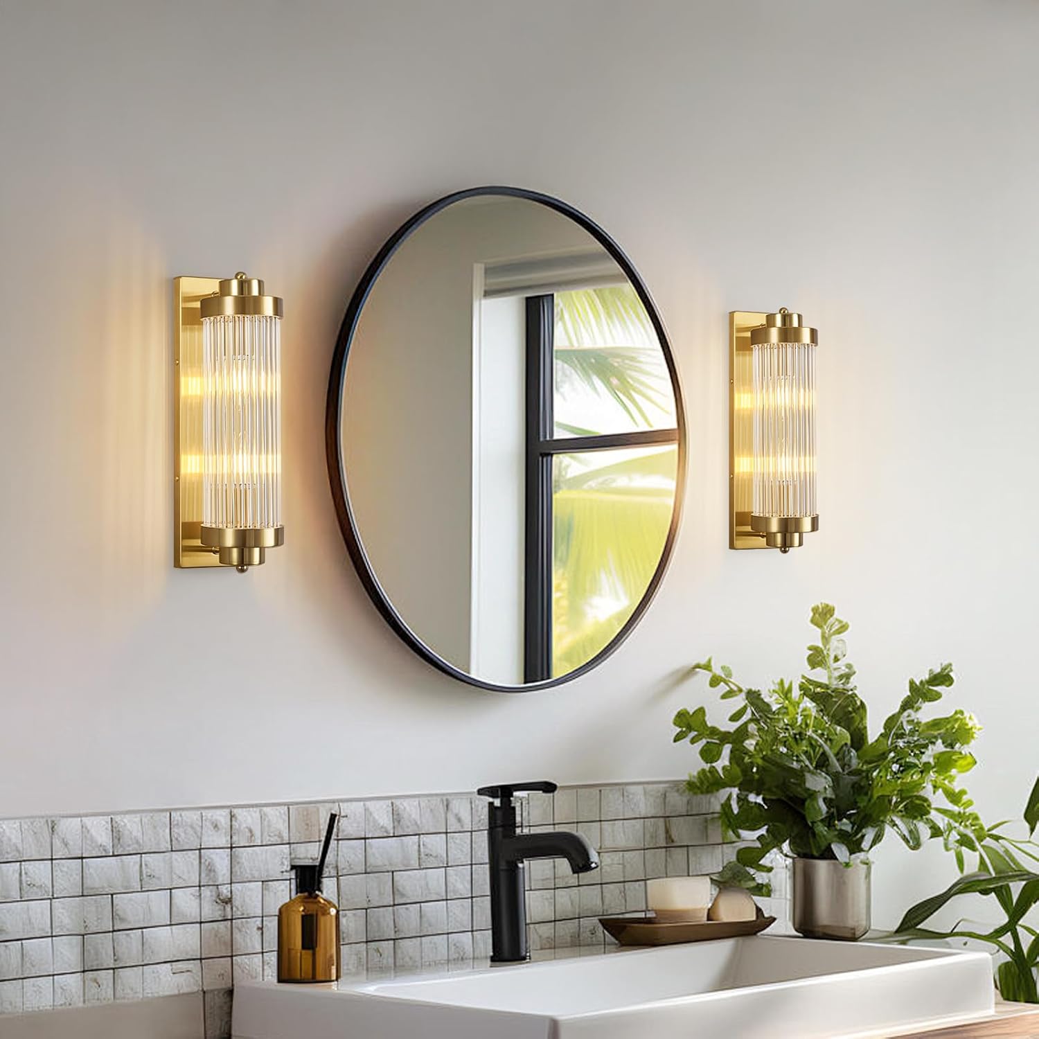 Gold Wall Sconces with Crystal Glass Strip Bathroom Sconces Modern Wall Lights for Bedroom Living Room Hallway Wall Light Fixtures, 2 Light E12 Base