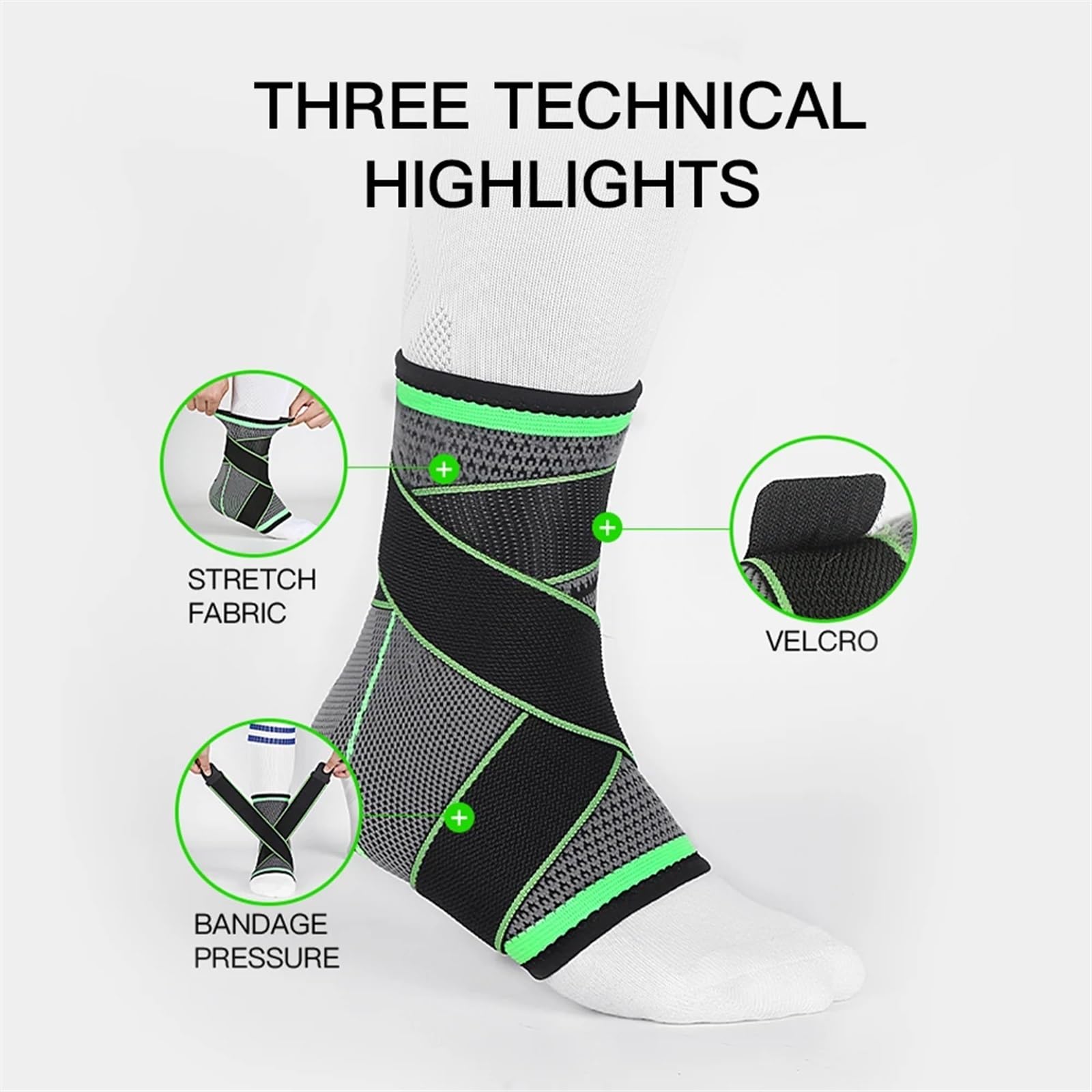 tutore caviglia Supporto for caviglia, bendaggio for ferita, pallavolo, basket, fitness, regolabile, calzini for(GREEN,M)