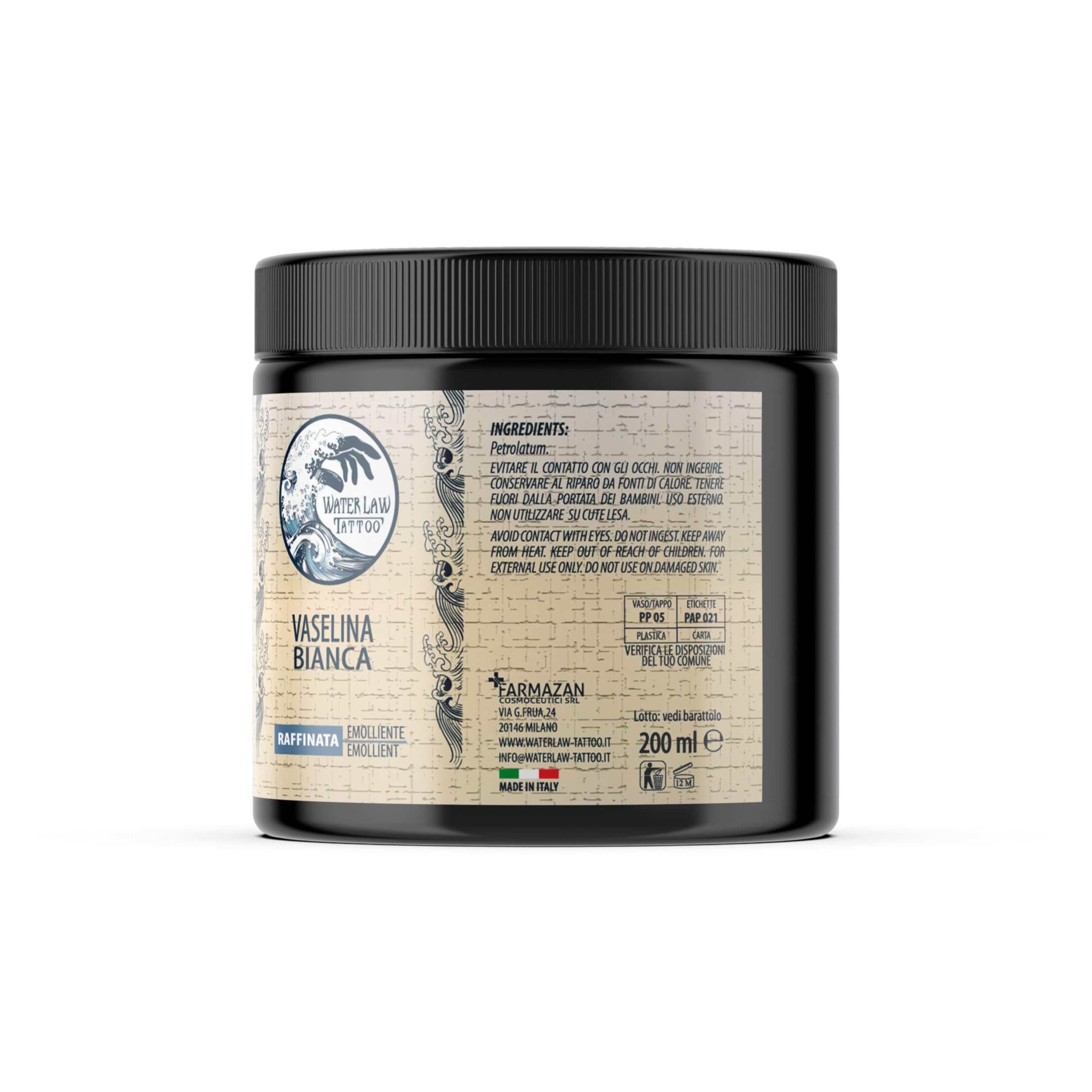 Water Law Tattoo Vaselina Bianca 200ml, Vaselina Pura Altamente Raffinata, Vaselina Tattoo Professionale, Emolliente, Lubrificante, Protettiva, Senza Profumi o Coloranti, Made in Italy