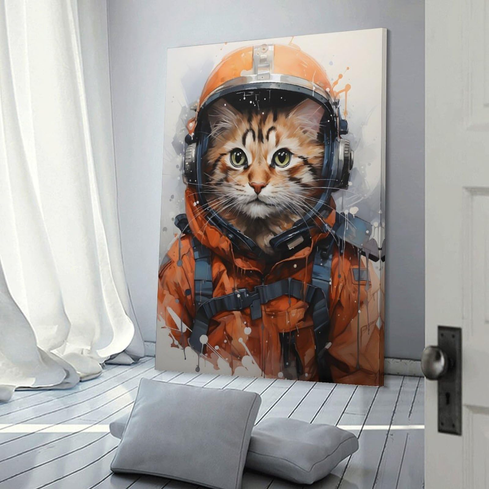 Junmoney Canvas Wall Art Cat Aviator with Helmet, 24x36inch(60x90cm), for Living Room, Bedroom, Office Or Hallway, Decorative Artwork with Broad Appeal