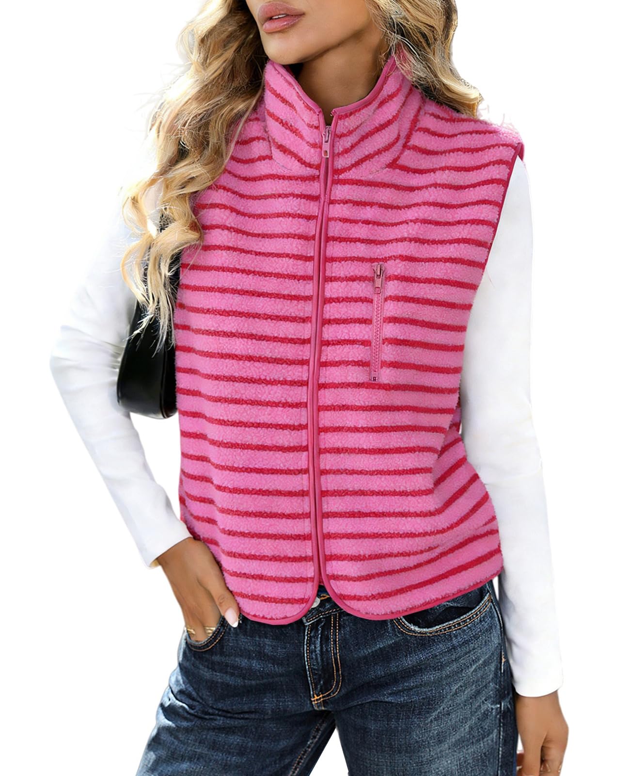 TITOMD Womens Striped Sherpa Fleece Vest Warm Sleeveless Zip Jacket | Lightweight, Stand Collar, Smooth Full Zipper, Fall Winter Outfits, Spring Outerwear, Soft Fabric