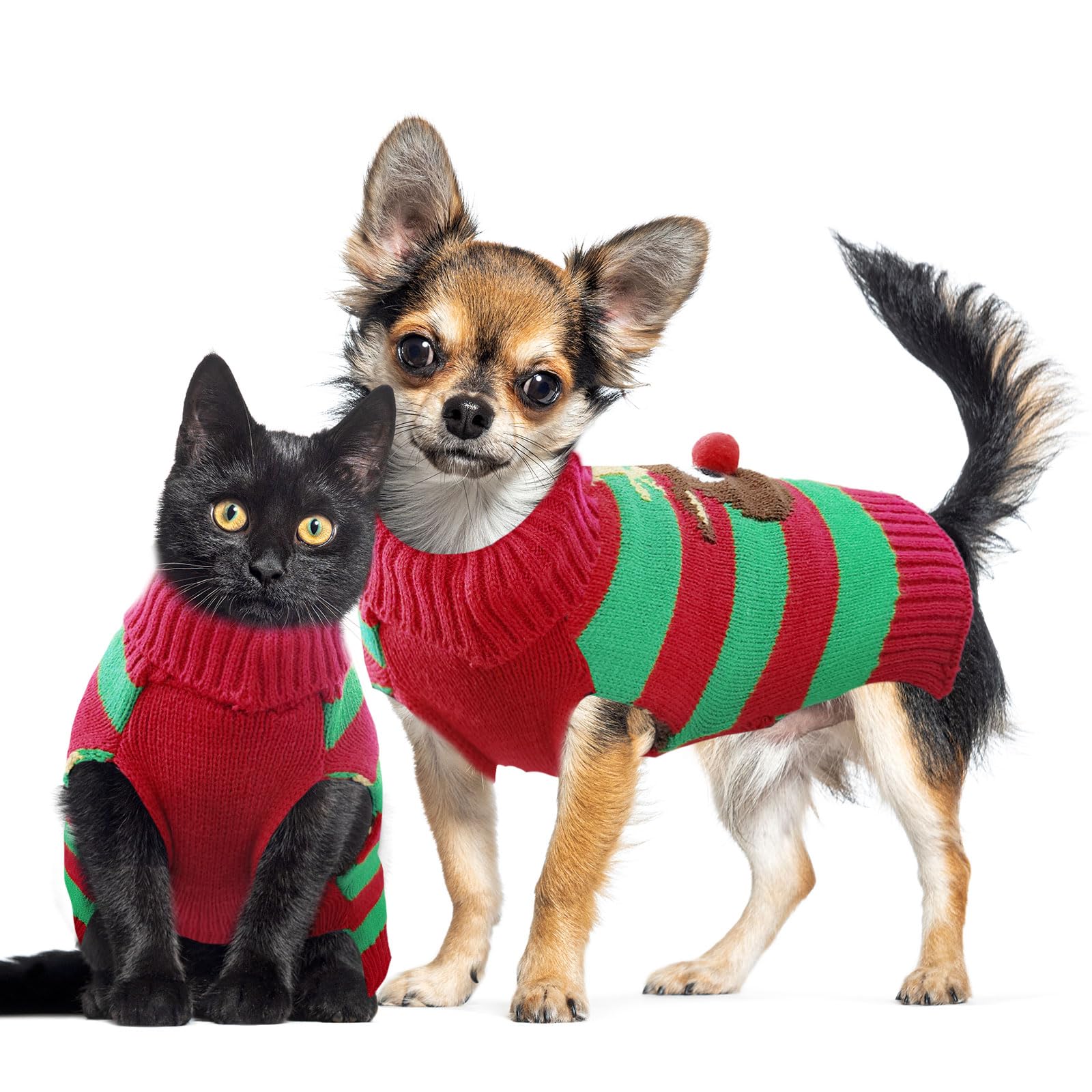 ABRRLO Dog Christmas Jumper Santa Snowman Reindeer Ugly Xmas Pet Sweater Outfits Puppy Cat Holiday Costume New Year Clothes Gift for Small Medium Large Dogs (Red Green Stripe Reindeer - Image 2