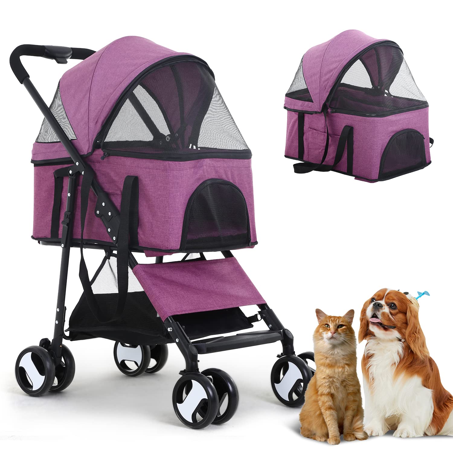 Pet Stroller 3-in-1 Folding Dog Cat Strollers for Medium Small Dogs Cats 4 Wheels Lightweight Travel Dog Strollers Cat Stroller with Detachable Carrier, Purple