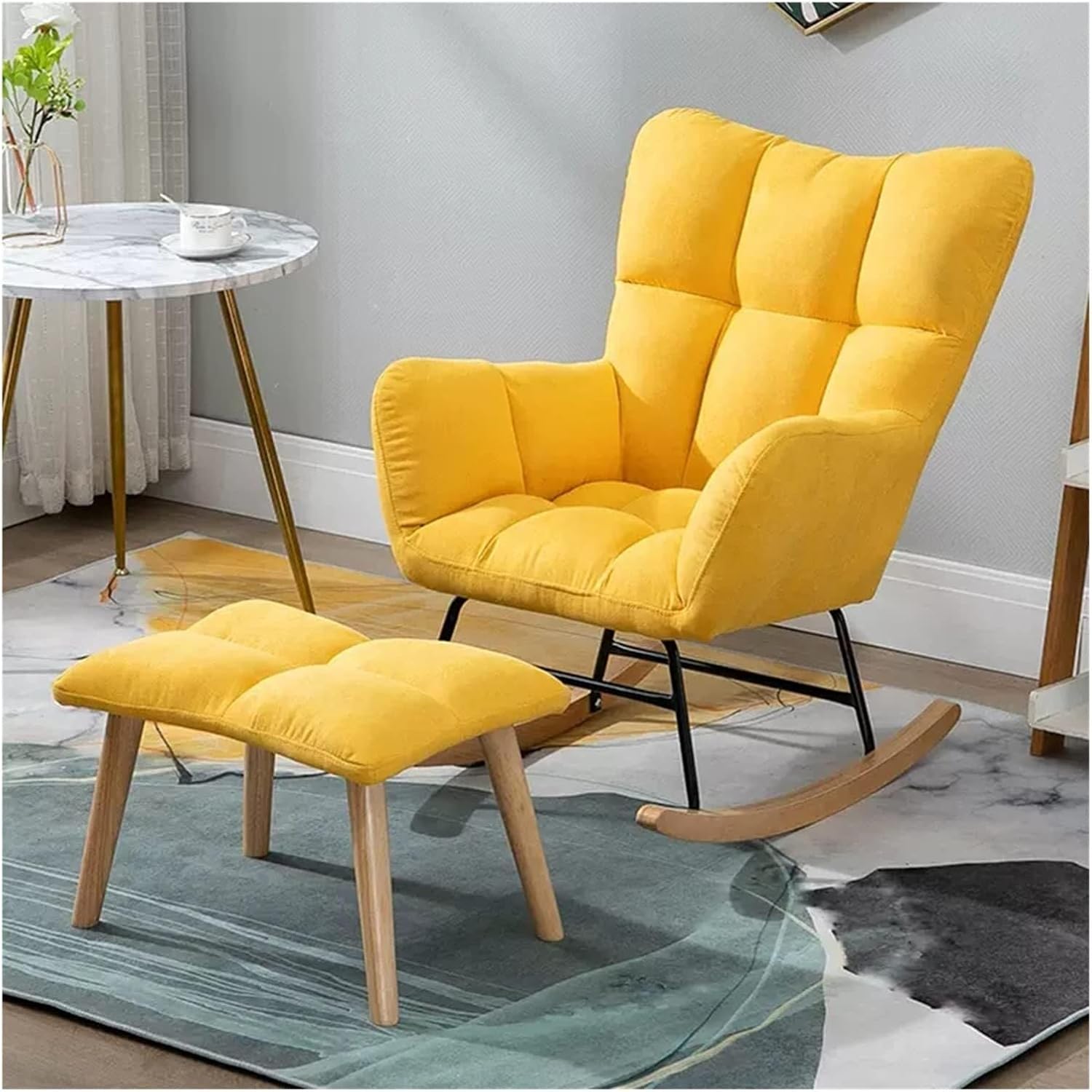 DIROVO Velvet Rocking Accent Chair Uplostered Glider Rocker Armchair with Ottoman,Comfy Uplostered Rocking Chair with High Backrest and Armrests(Yellow)