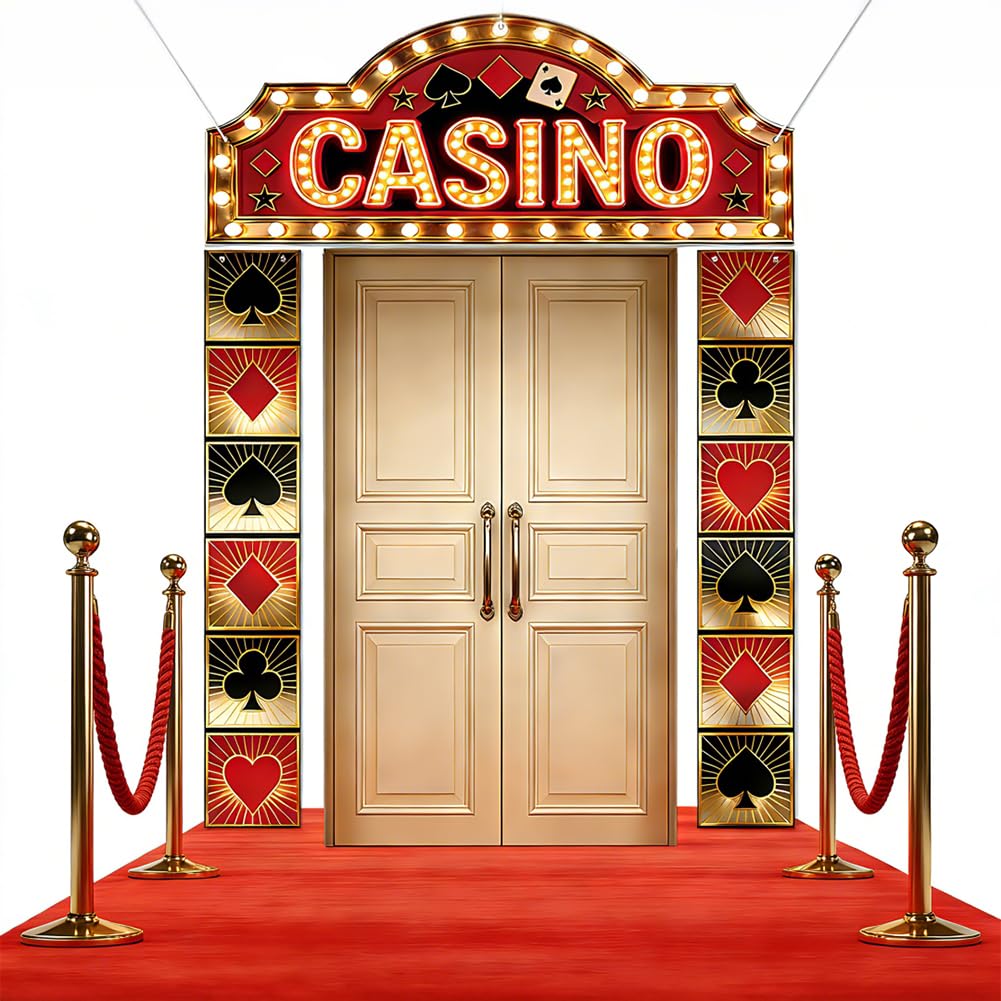 SUPERDANT 3Pcs Casino Porch Banner Polyester Poker Door Sign Colorful Rectangle Backdrop With Poker Cards For Party Photo Entrance Decor 183x69cm