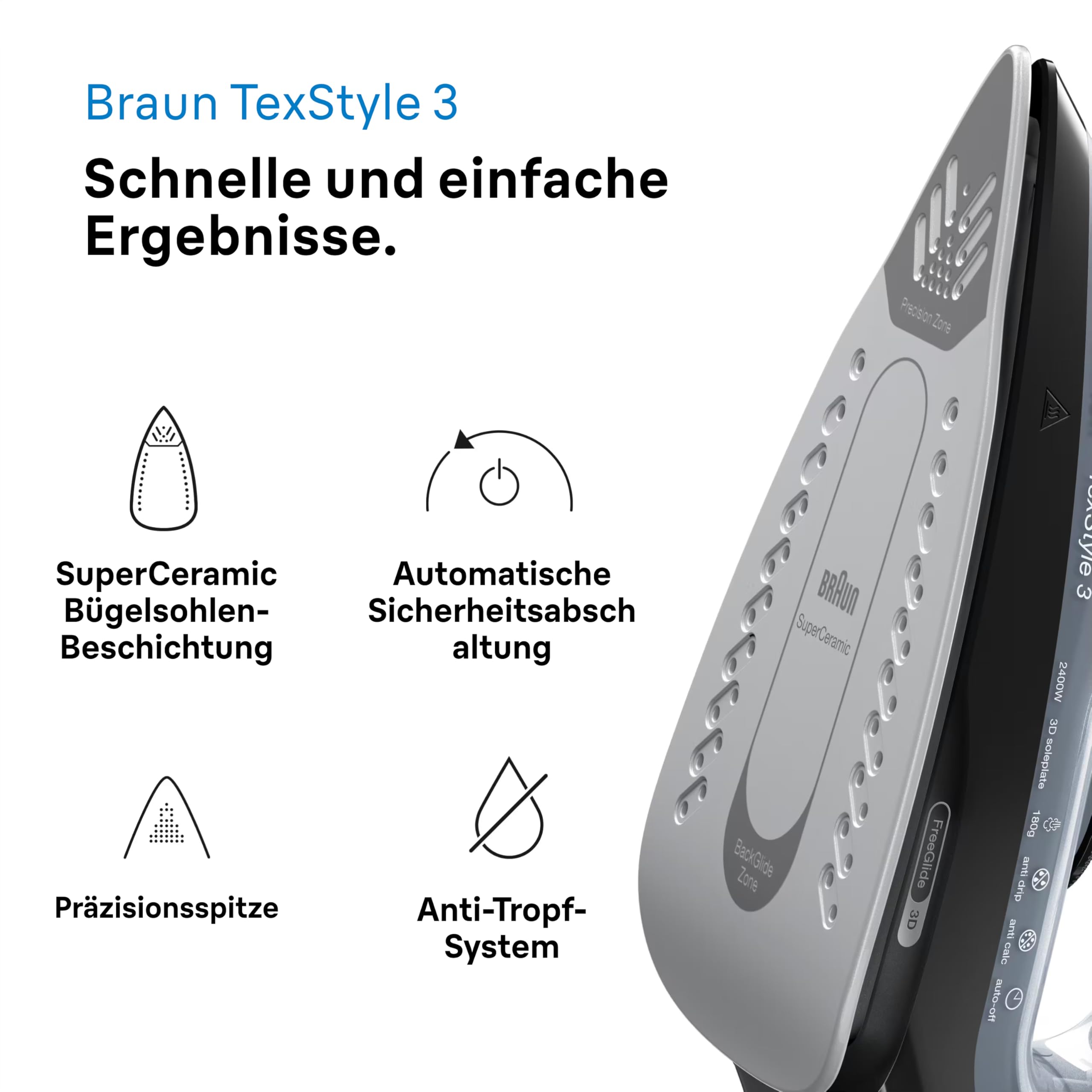 Braun Dampfbügeleisen TexStyle 3 SI3055BK, FreeGlide 3D-Technologie, Bügelsohle mit Keramikbeschichtung, automatische Abschaltung, kurze Aufheizzeit, einfache Nachfüllung (220 ml), 2400 W, Schwarz