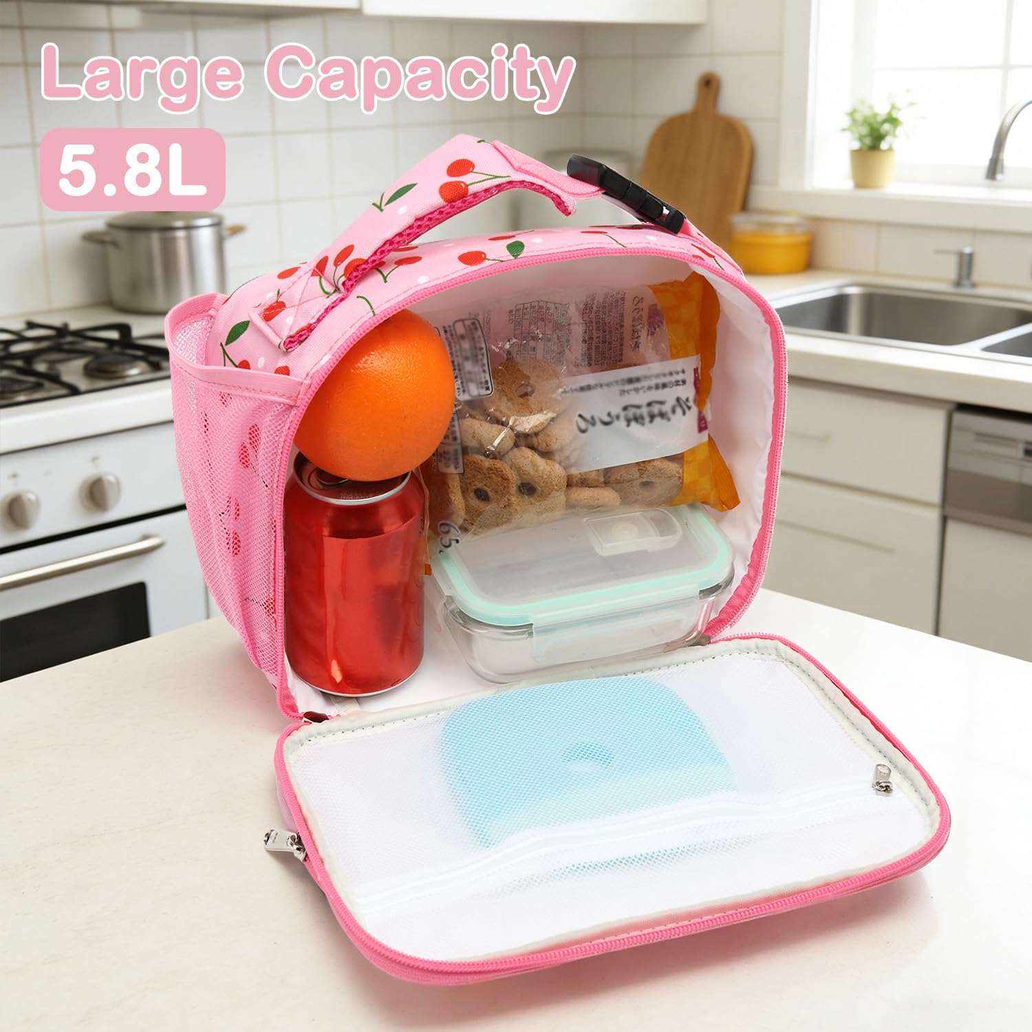 Sac à déjeuner isotherme souple pour enfants, sac isotherme pour la rentrée scolaire, sac fourre-tout pour filles, garçons (cerise)